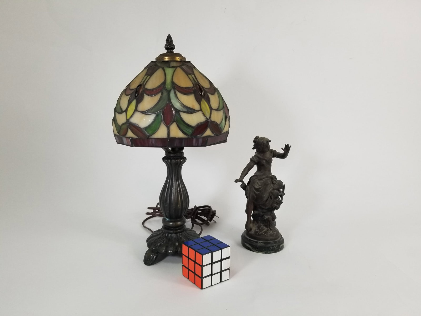 Tiffany Style Leaded Glass Lamp and Small Antique Style Sculpture - 2