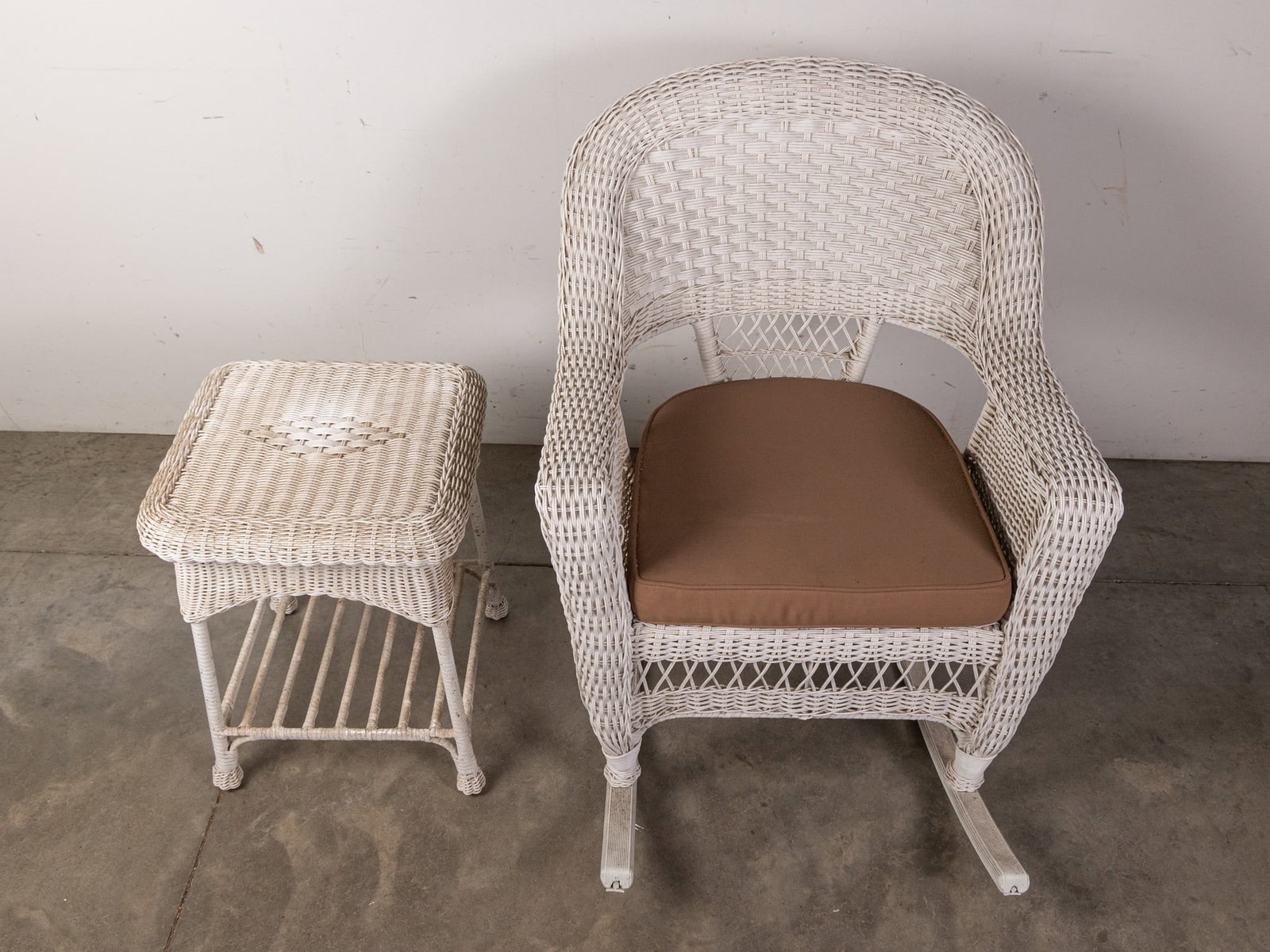 Pair of White Wicker Rockers with Side Table - 2
