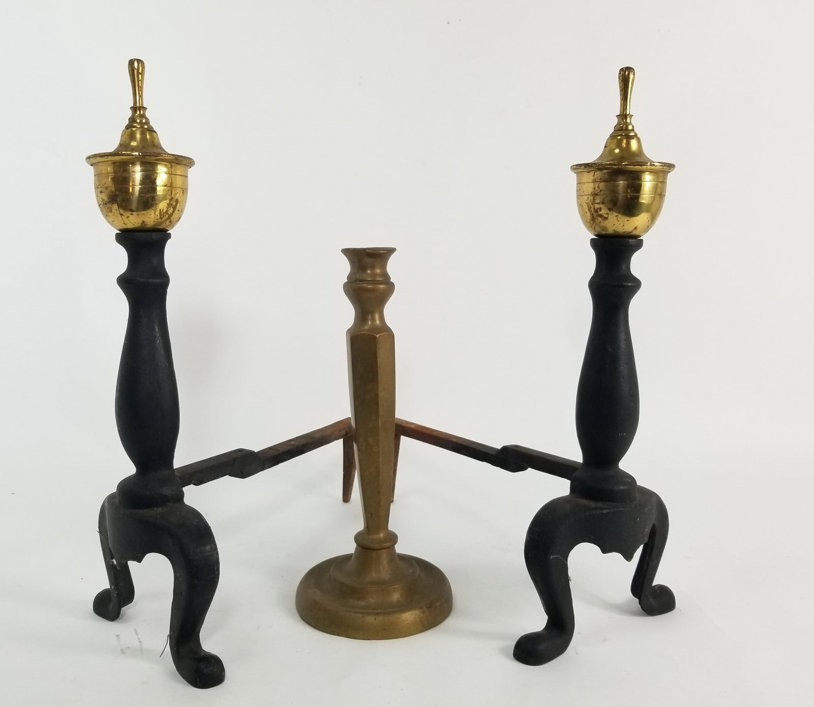 Pair of Andirons and Brass Candlestick Holder (1 of 5)