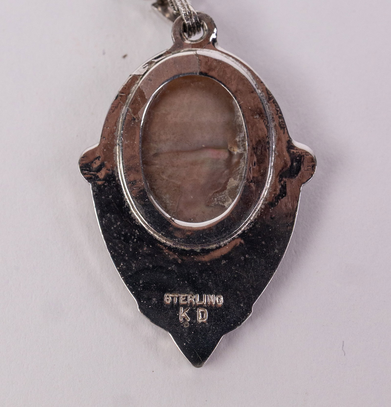 Vintage Sterling Silver Carved Abalone Cameo Pendant on Sterling Box Chain - 4