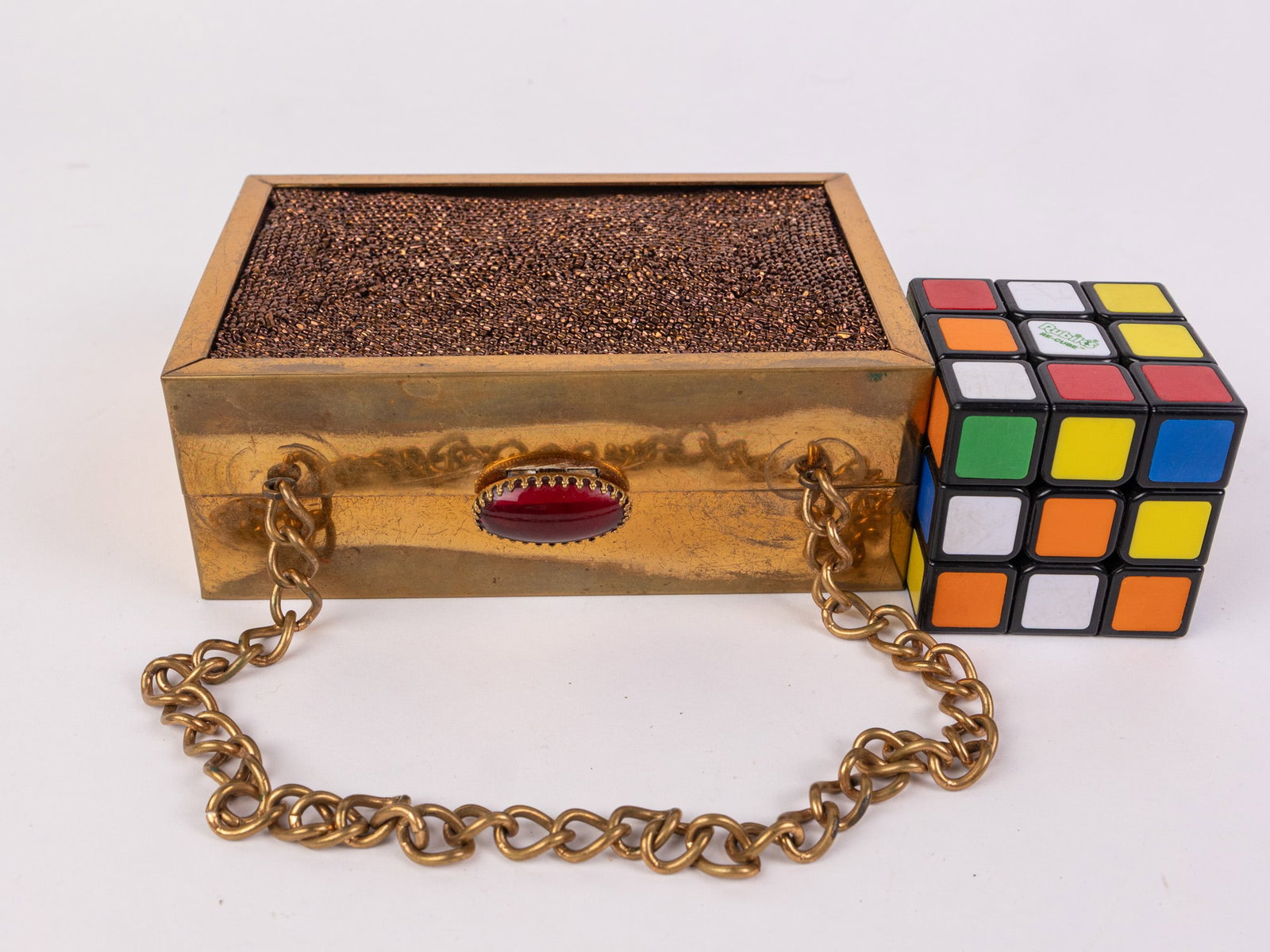 Vintage 40's Copper Beaded Box Purse in Gold-Toned Metal Frame - 2