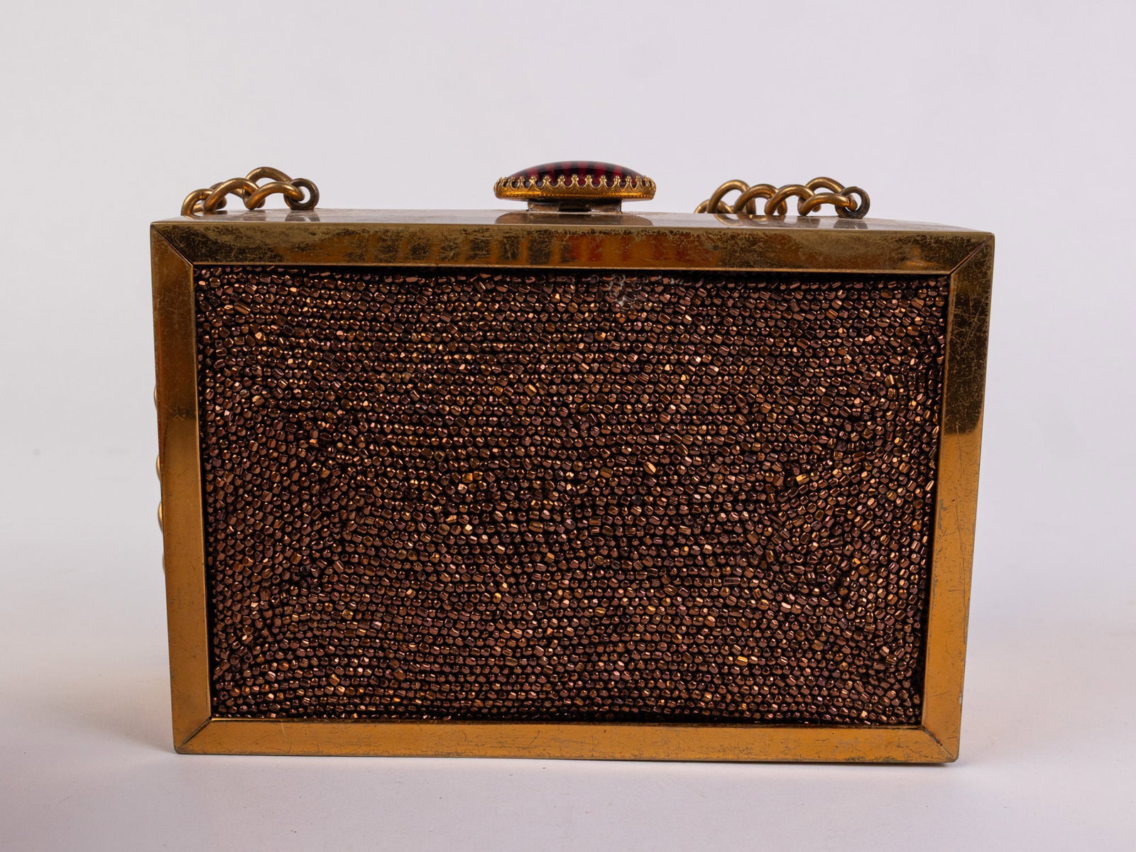 Vintage 40's Copper Beaded Box Purse in Gold-Toned Metal Frame - 3