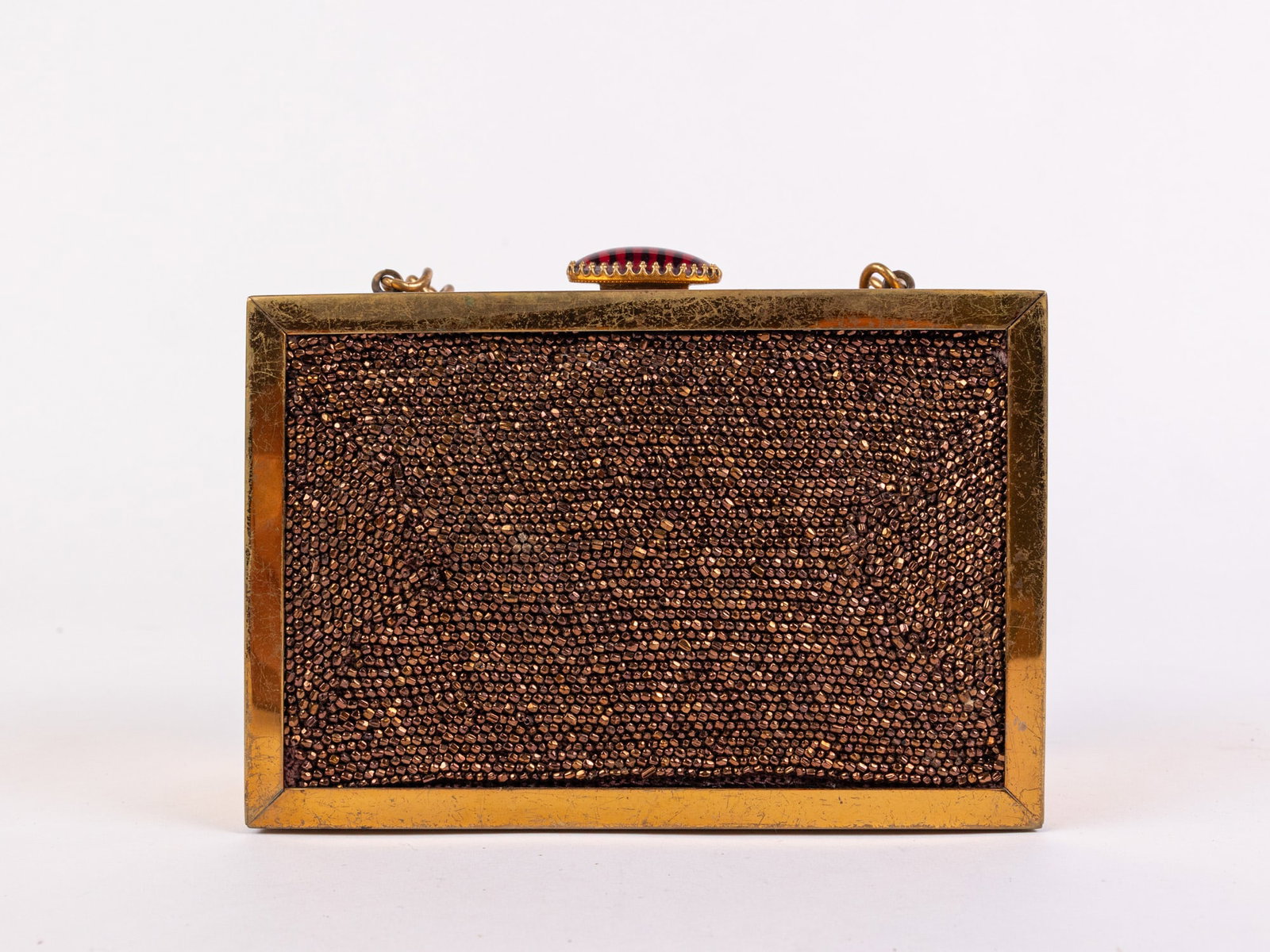 Vintage 40's Copper Beaded Box Purse in Gold-Toned Metal Frame - 5