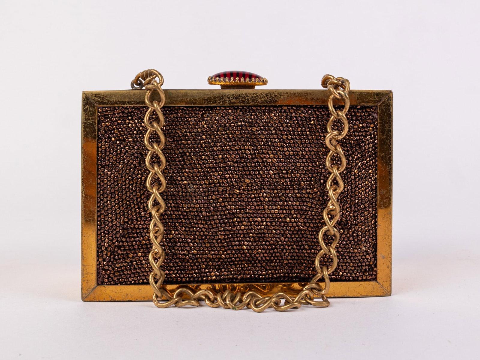 Vintage 40's Copper Beaded Box Purse in Gold-Toned Metal Frame - 6