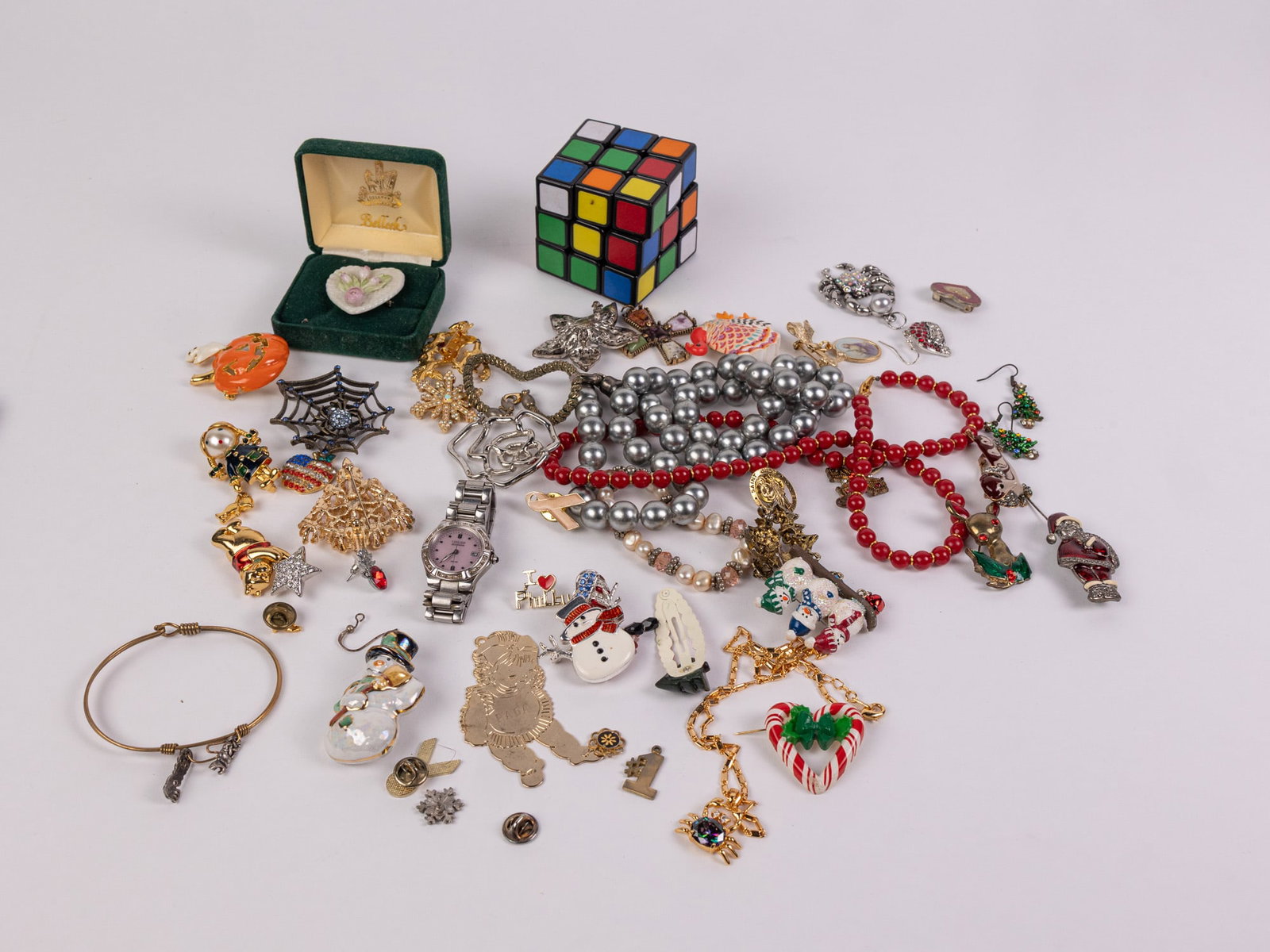 Assortment of Costume Jewelry, Holiday Brooches & Citizen Watch - 2