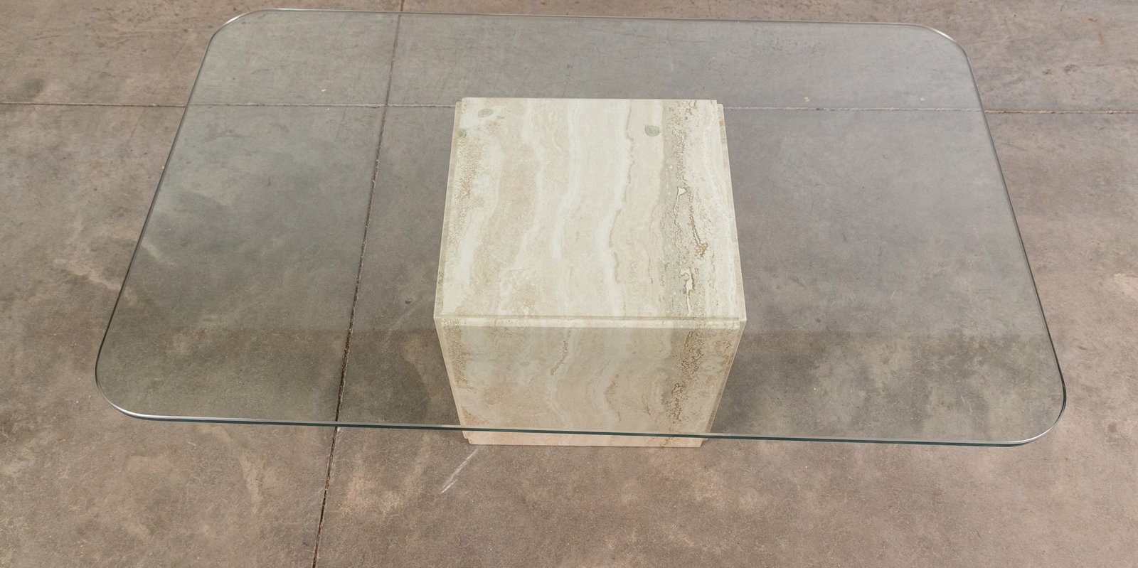 Vintage 20th Century Modern Travertine Table with Glass Top - 2