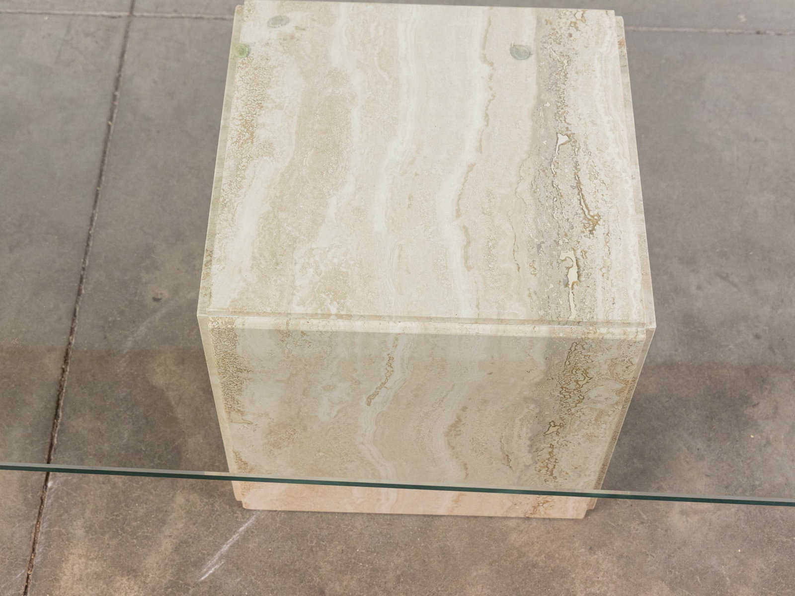 Vintage 20th Century Modern Travertine Table with Glass Top - 3