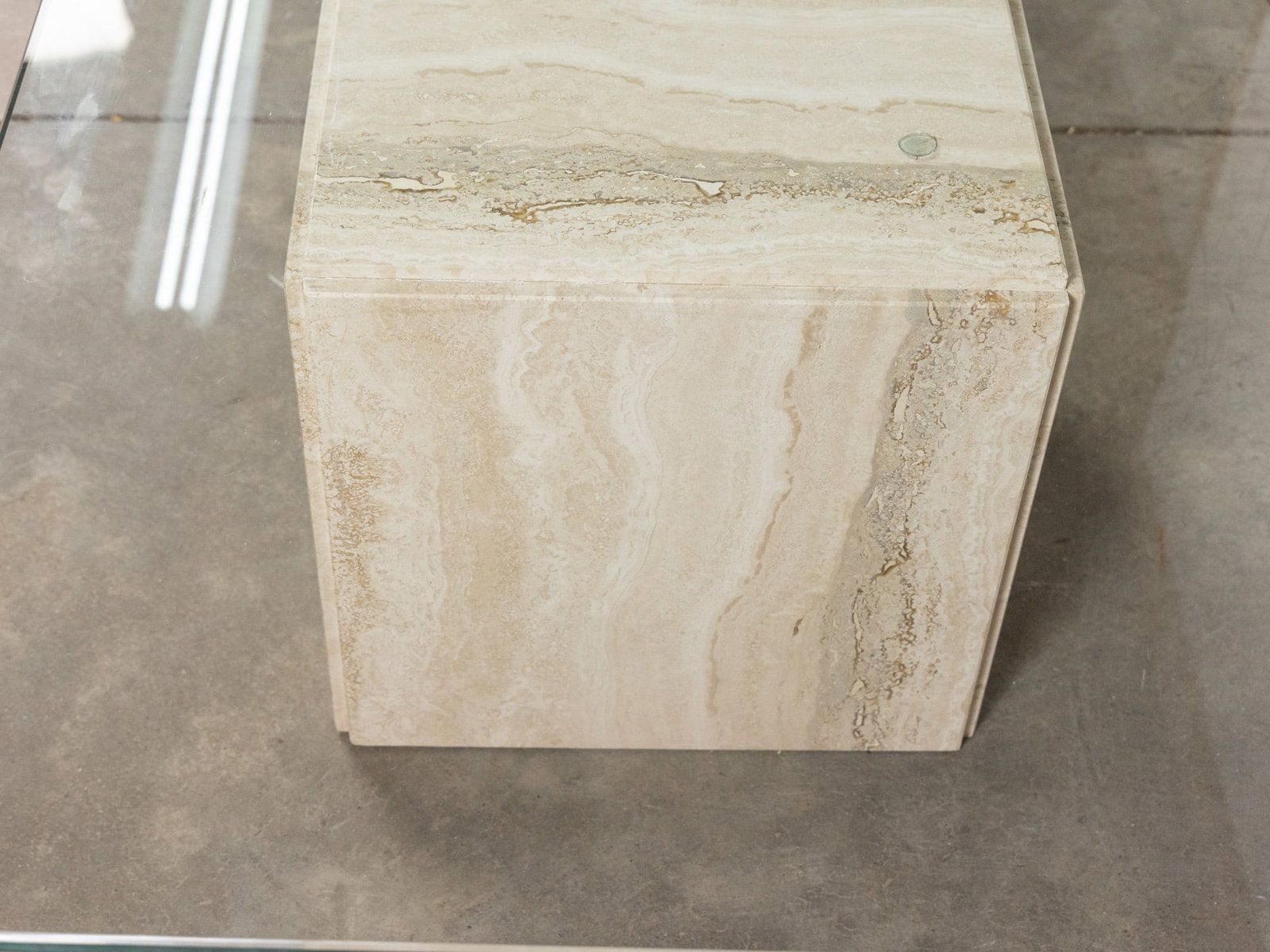 Vintage 20th Century Modern Travertine Table with Glass Top - 4