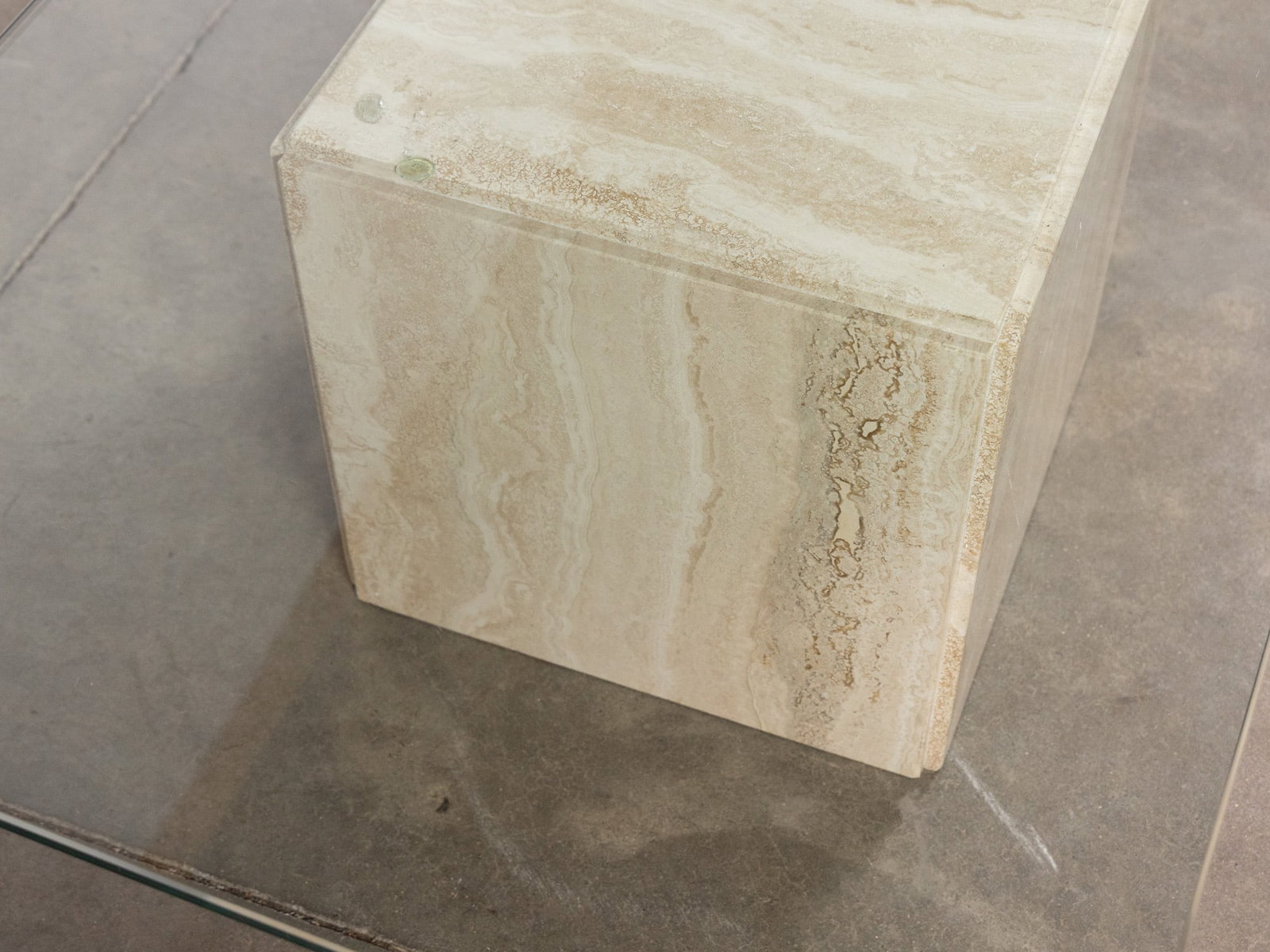 Vintage 20th Century Modern Travertine Table with Glass Top - 5