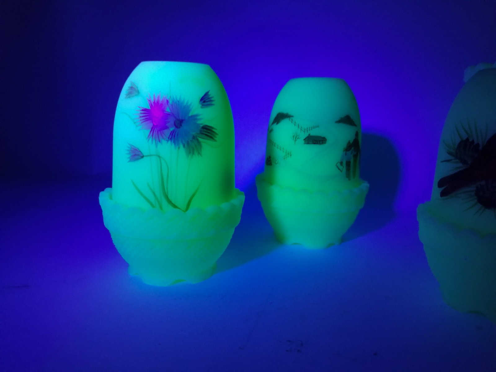 Assortment of Frosted Uranium Glass ft. Fenton Fairy Lamps - 7