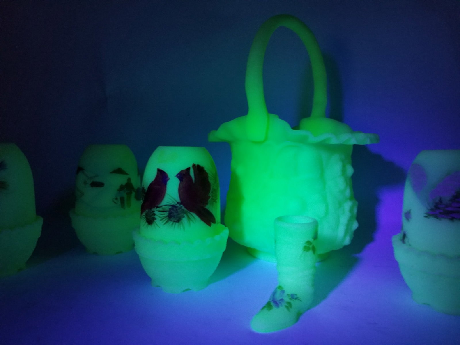 Assortment of Frosted Uranium Glass ft. Fenton Fairy Lamps - 8