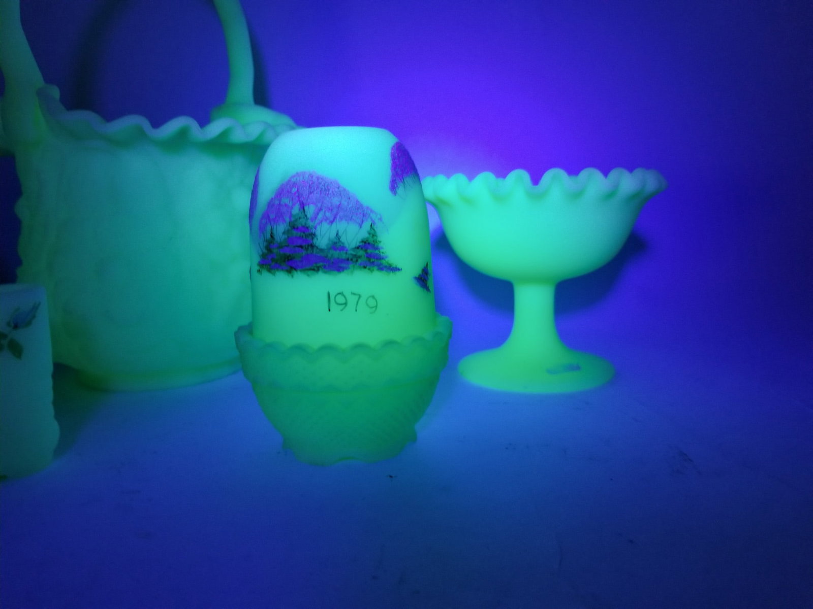 Assortment of Frosted Uranium Glass ft. Fenton Fairy Lamps - 9