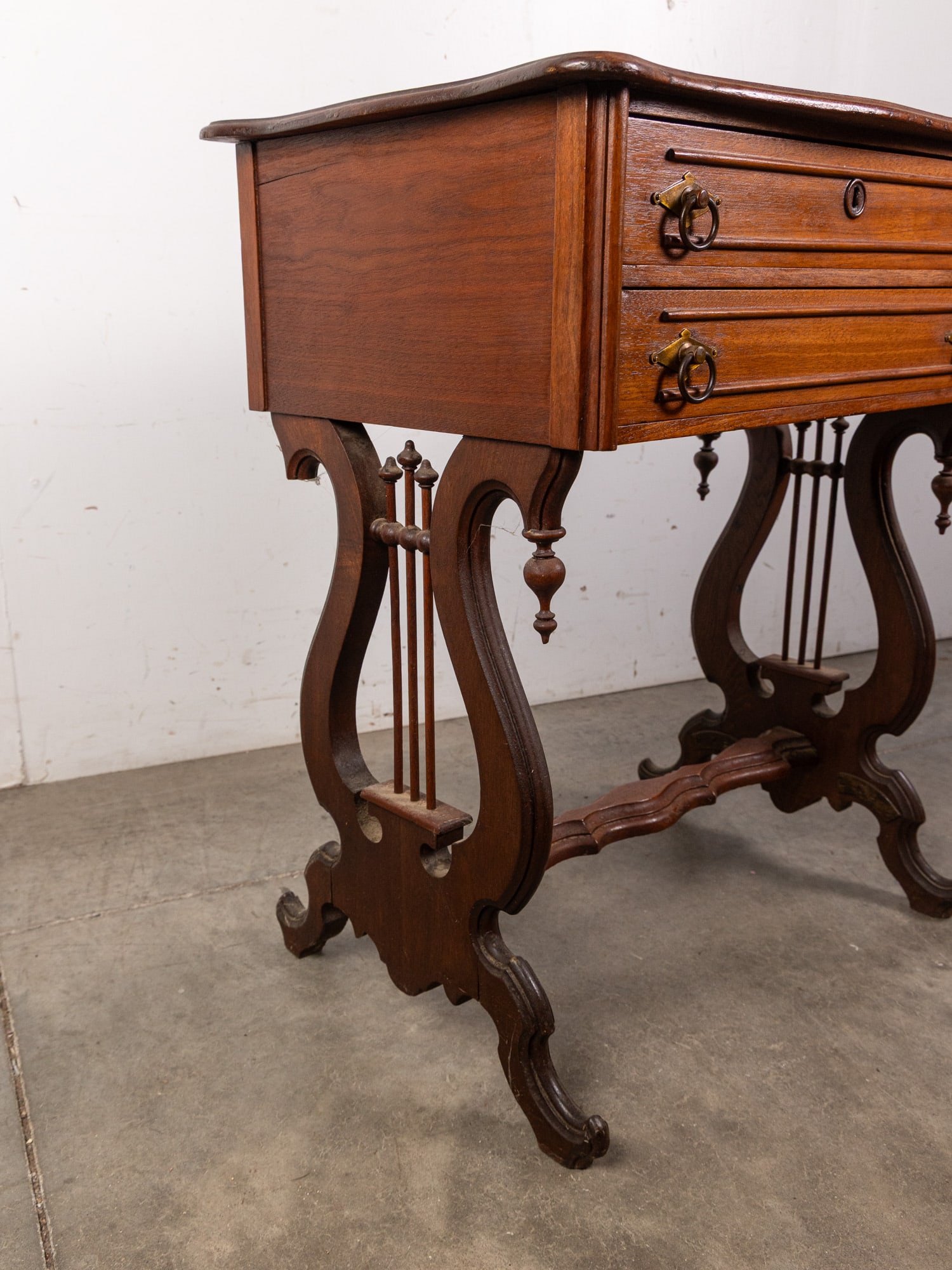 Antique Biedermeier Style Lyre 2-Drawer Side Table - 4