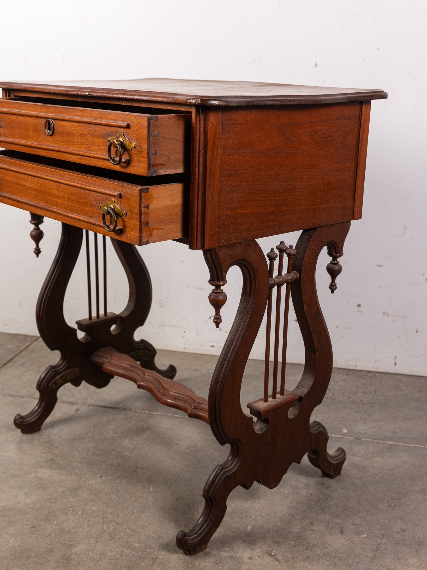 Antique Biedermeier Style Lyre 2-Drawer Side Table - 6