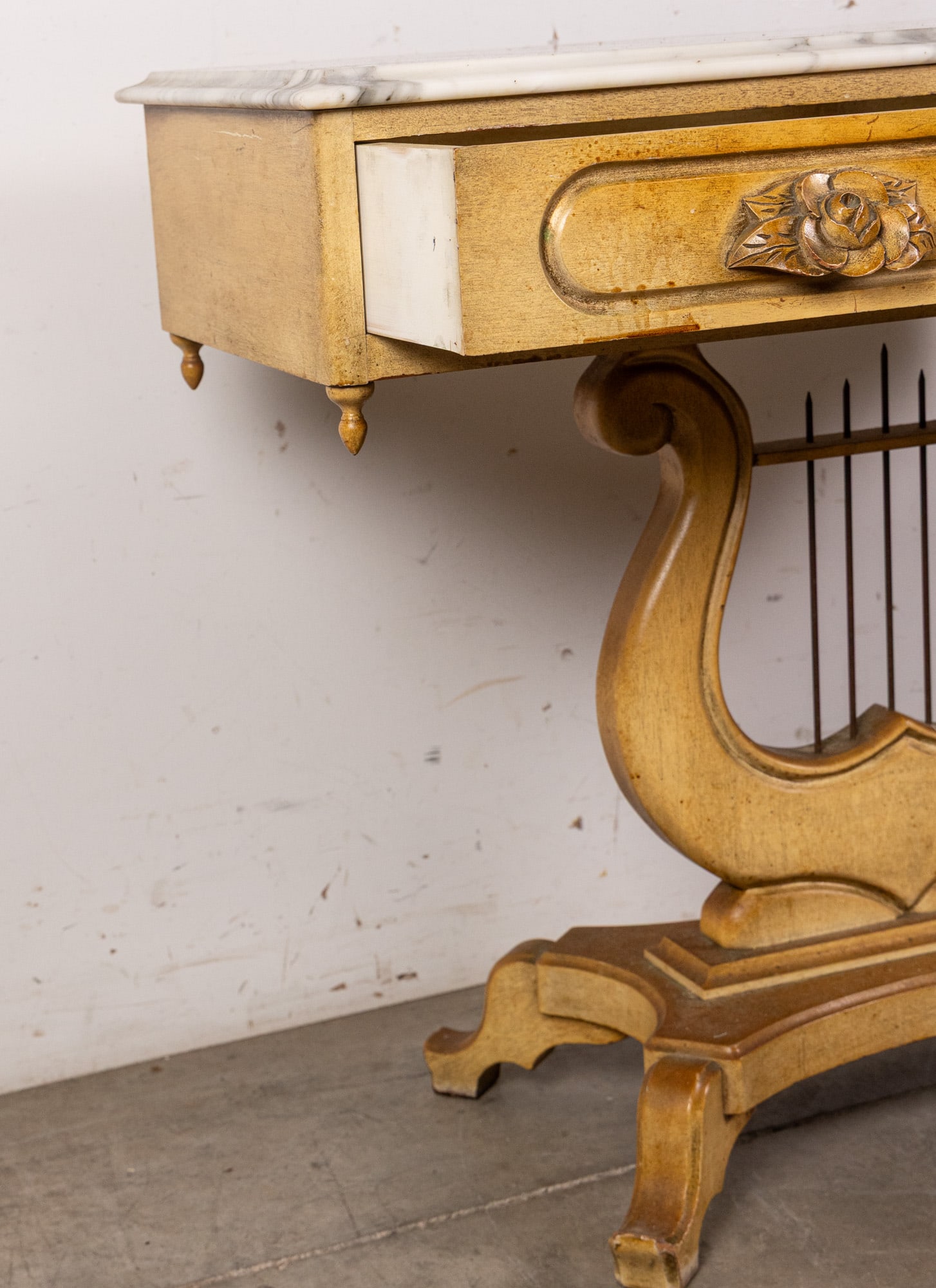 Shabby Chic Marble Top Lyre Motif Hallway Table - 5