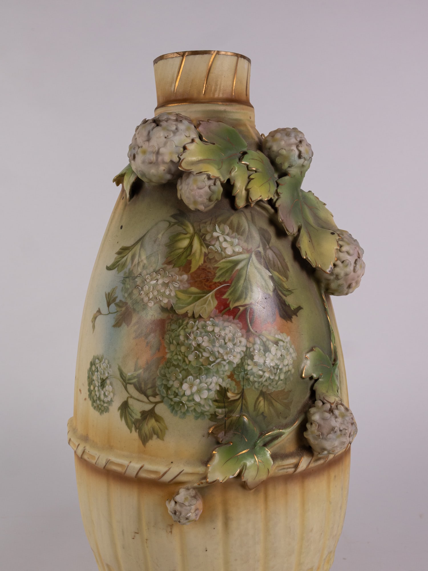 Antique Robert Hanke Austria Porcelain Vase with 3D Hydrangea Reliefs - 3