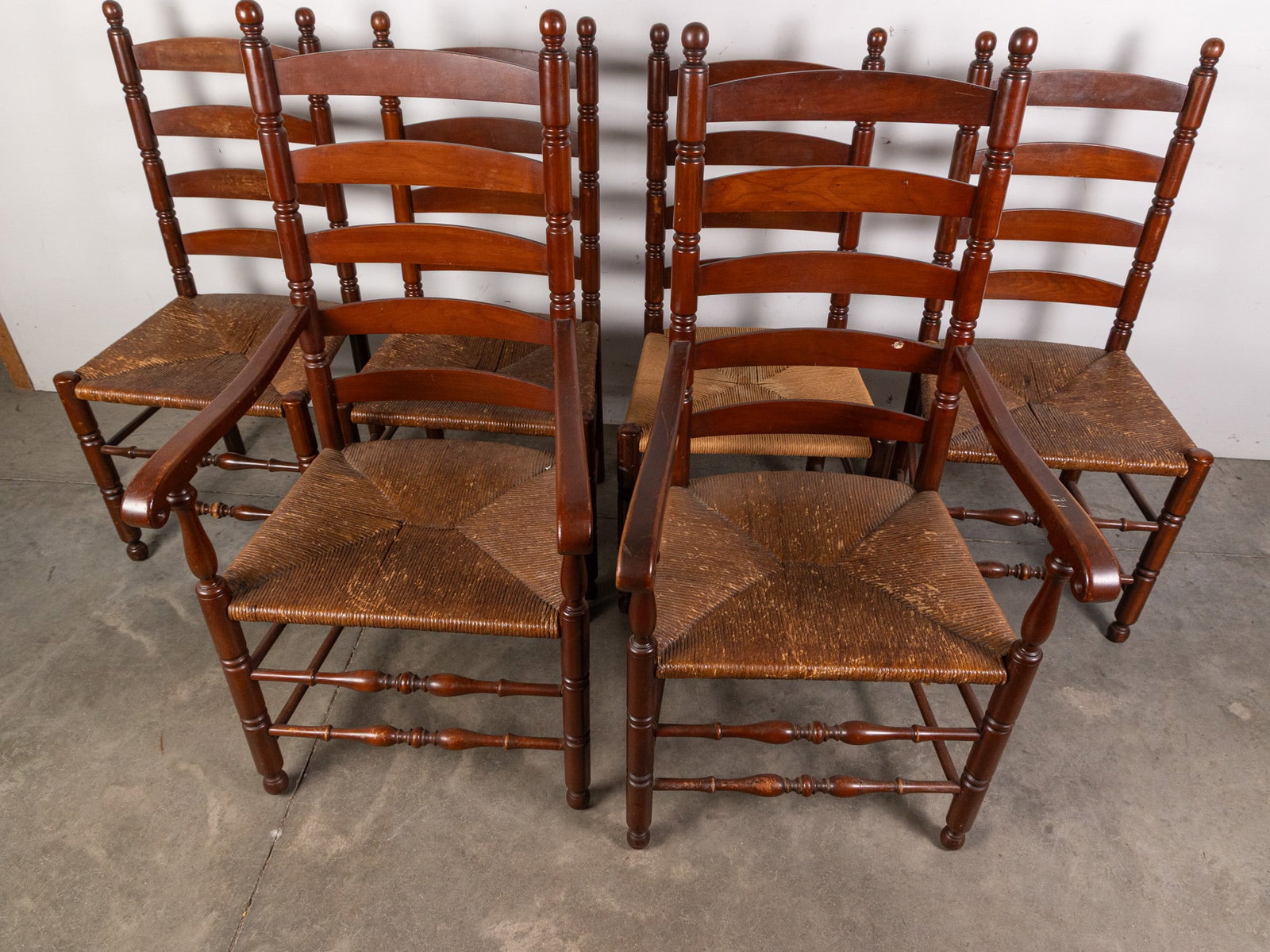 Set of Six Antique Primitive Ladder-Back Rush Seat Chairs - 2