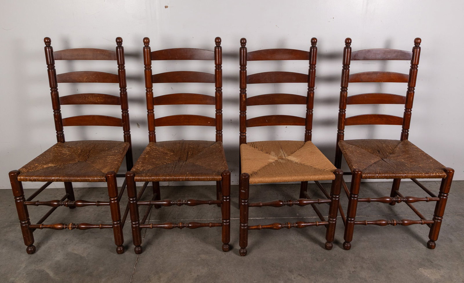 Set of Six Antique Primitive Ladder-Back Rush Seat Chairs - 3