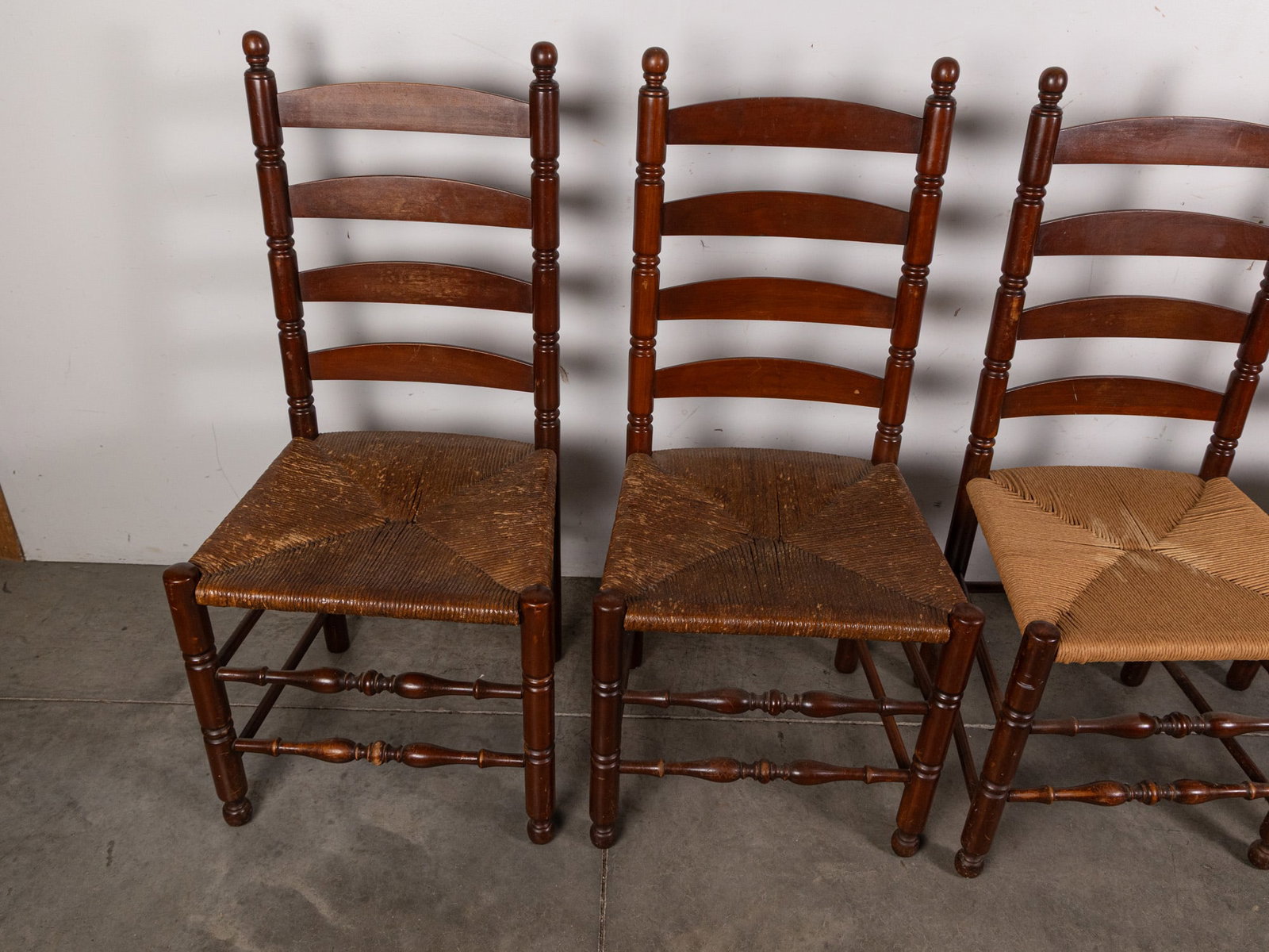 Set of Six Antique Primitive Ladder-Back Rush Seat Chairs - 4