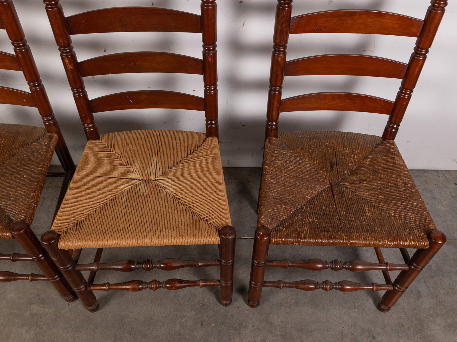 Set of Six Antique Primitive Ladder-Back Rush Seat Chairs - 5