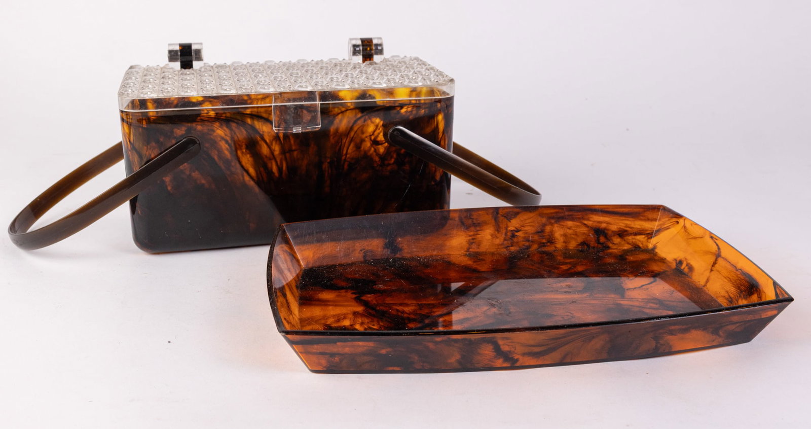 Vintage Lucite Tortoise Shell-Style Basket Box Purse and Tray (1 of 5)