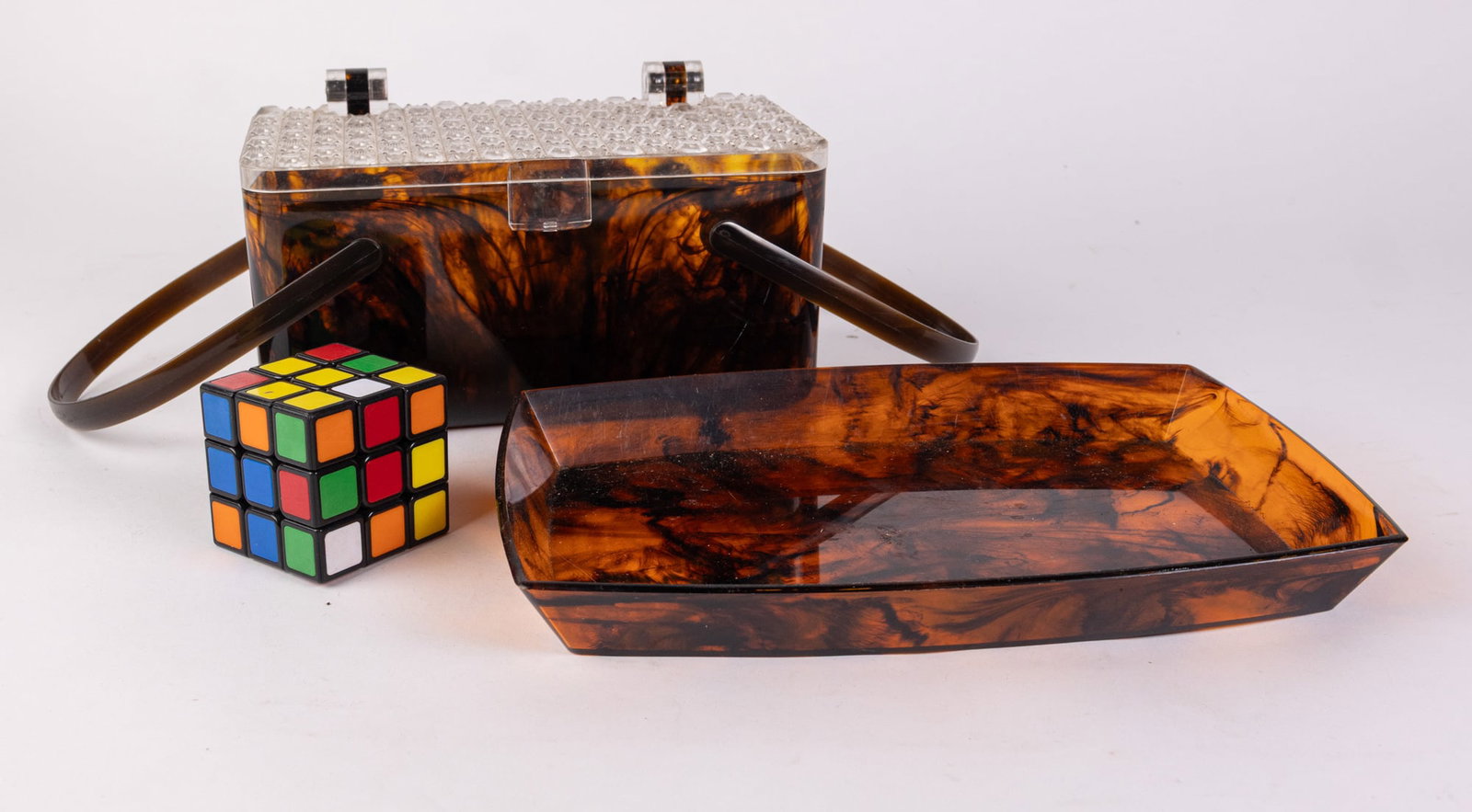 Vintage Lucite Tortoise Shell-Style Basket Box Purse and Tray - 2