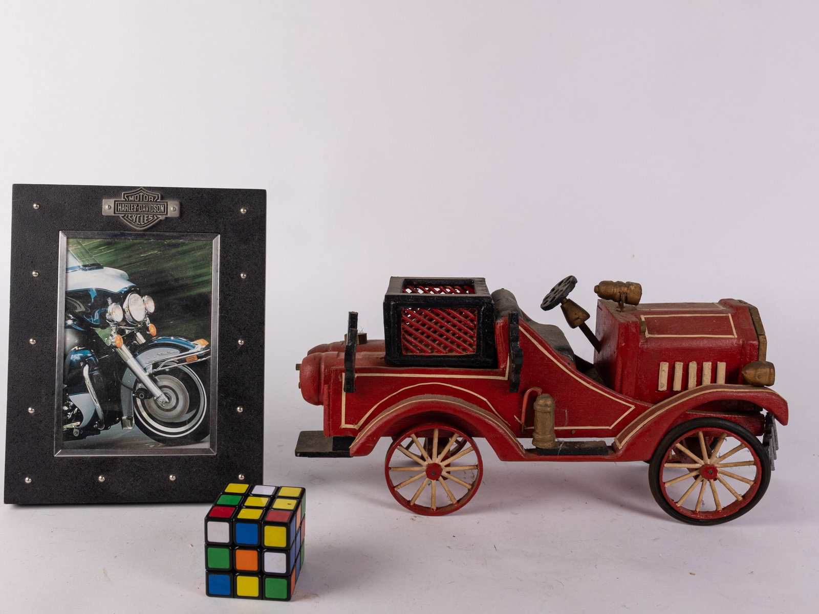 Vintage Wooden Model Fire Truck and Harley Davidson Frame - 2
