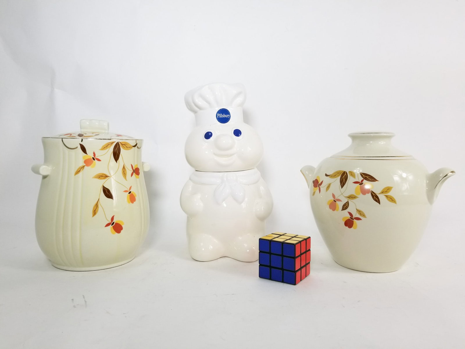 Three Cookie Jars ft. Hall Autumn Leaf Uranium Glazed Cookie Jar - 2