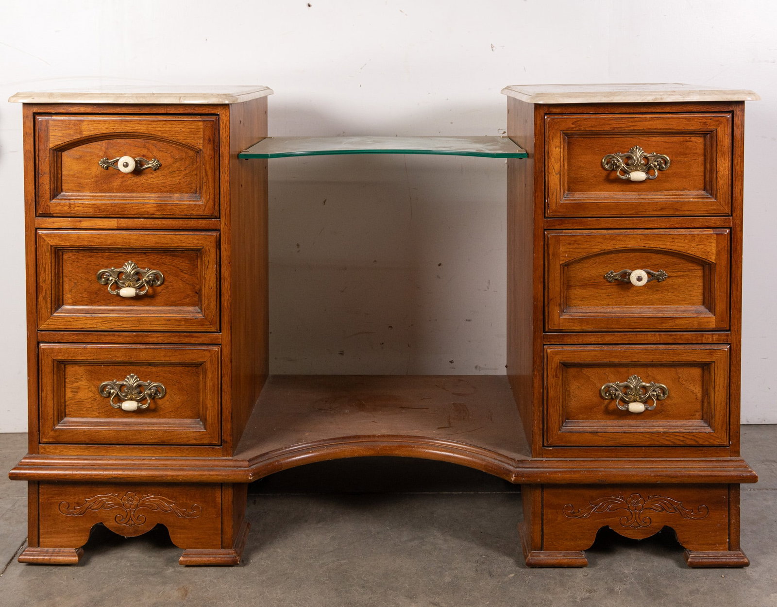 Vintage Thomasville Oak & Marble Vanity w/ Beveled Tri-Fold Mirror - 2