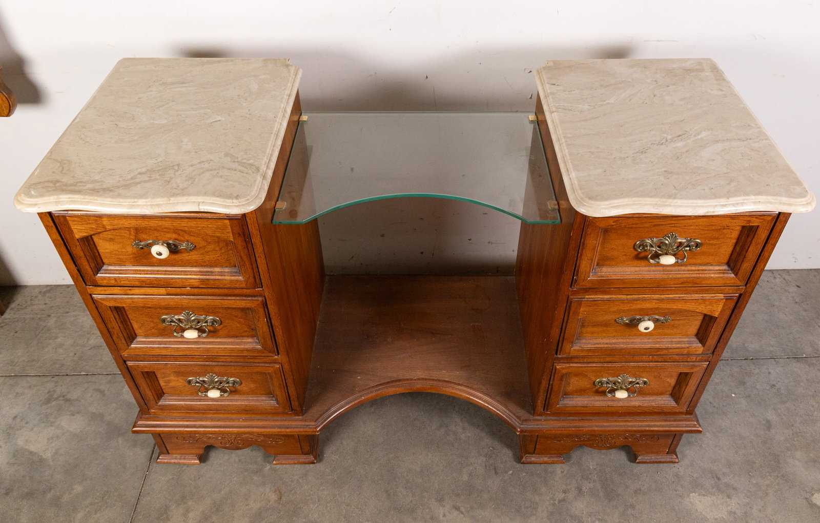 Vintage Thomasville Oak & Marble Vanity w/ Beveled Tri-Fold Mirror - 3
