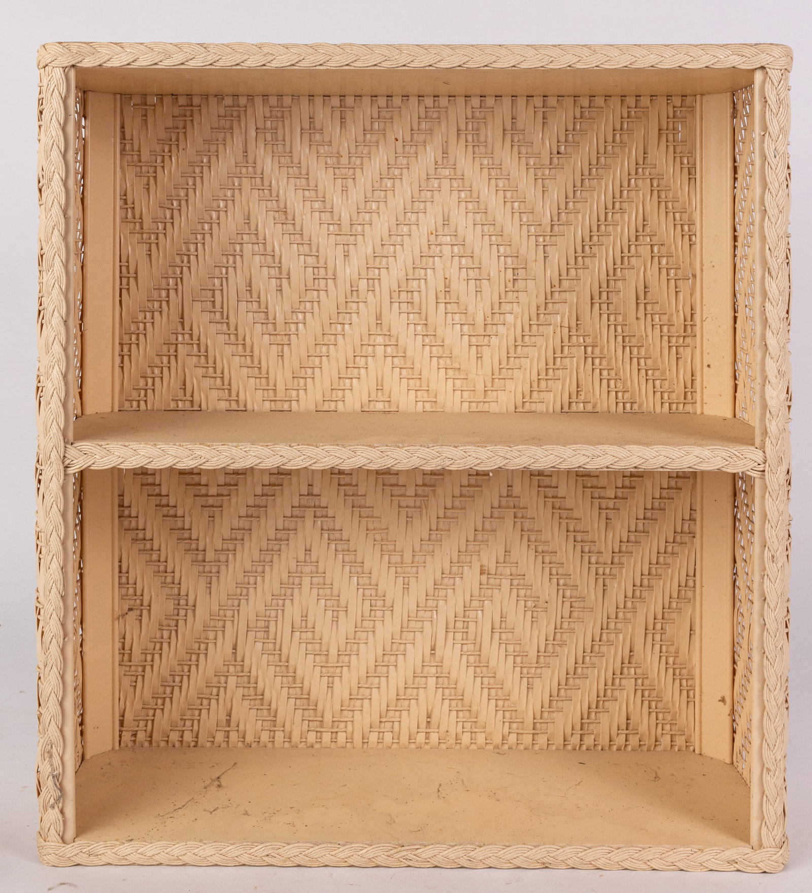 Vintage Two-Tiered White Wicker Bathroom Shelf: Vintage Two-Tiered White Wicker Bathroom Shelf Size 17" x 16" x 6" Literature Brooks Auction – Online Auction Terms & Conditions Contact: (856) 694-2960 | info@brooks.auction READ BEFORE YOU