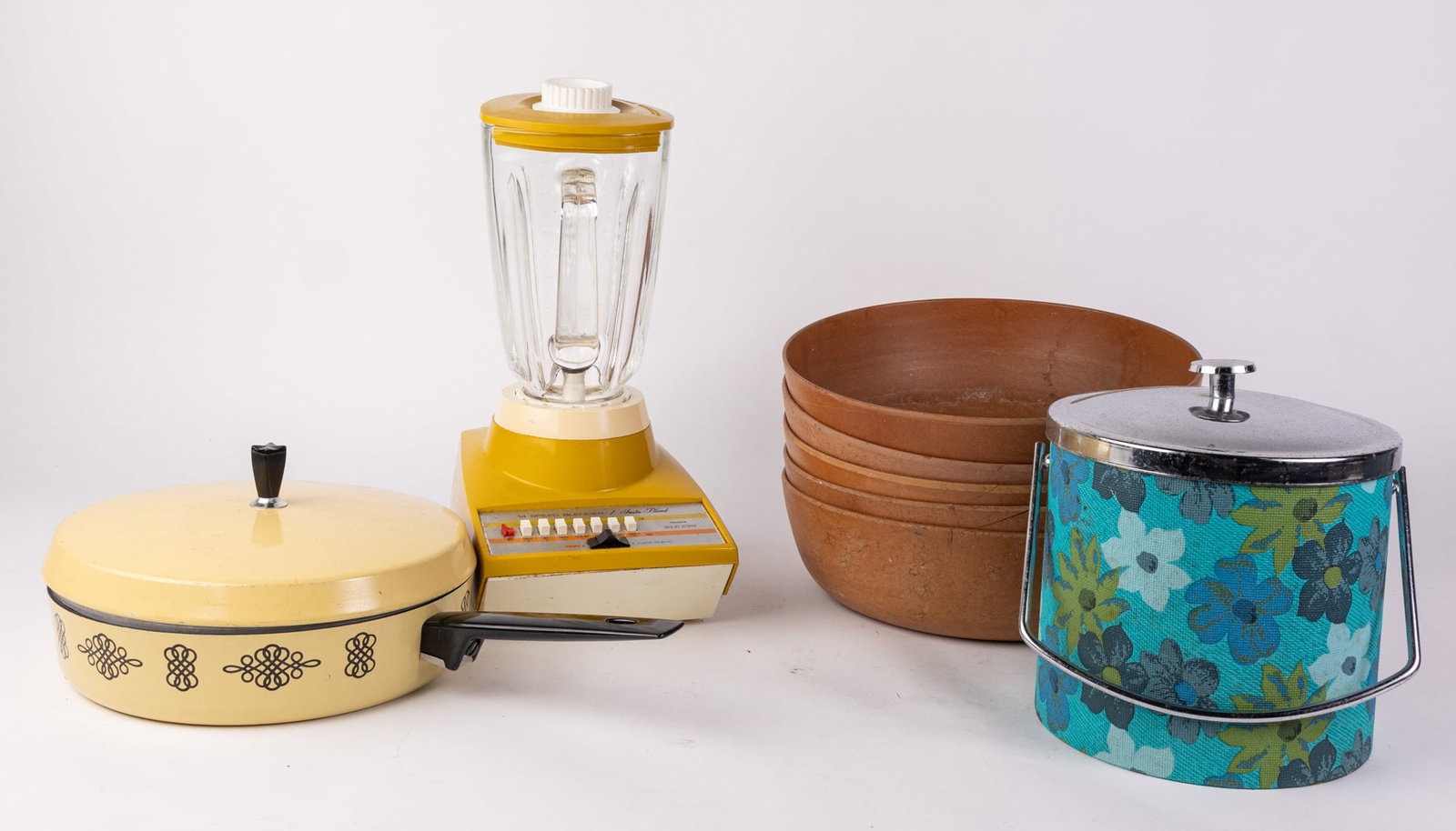 Grouping of Mid Century Kitchen Articles ft. Floral Chrome Ice Bucket (1 of 5)