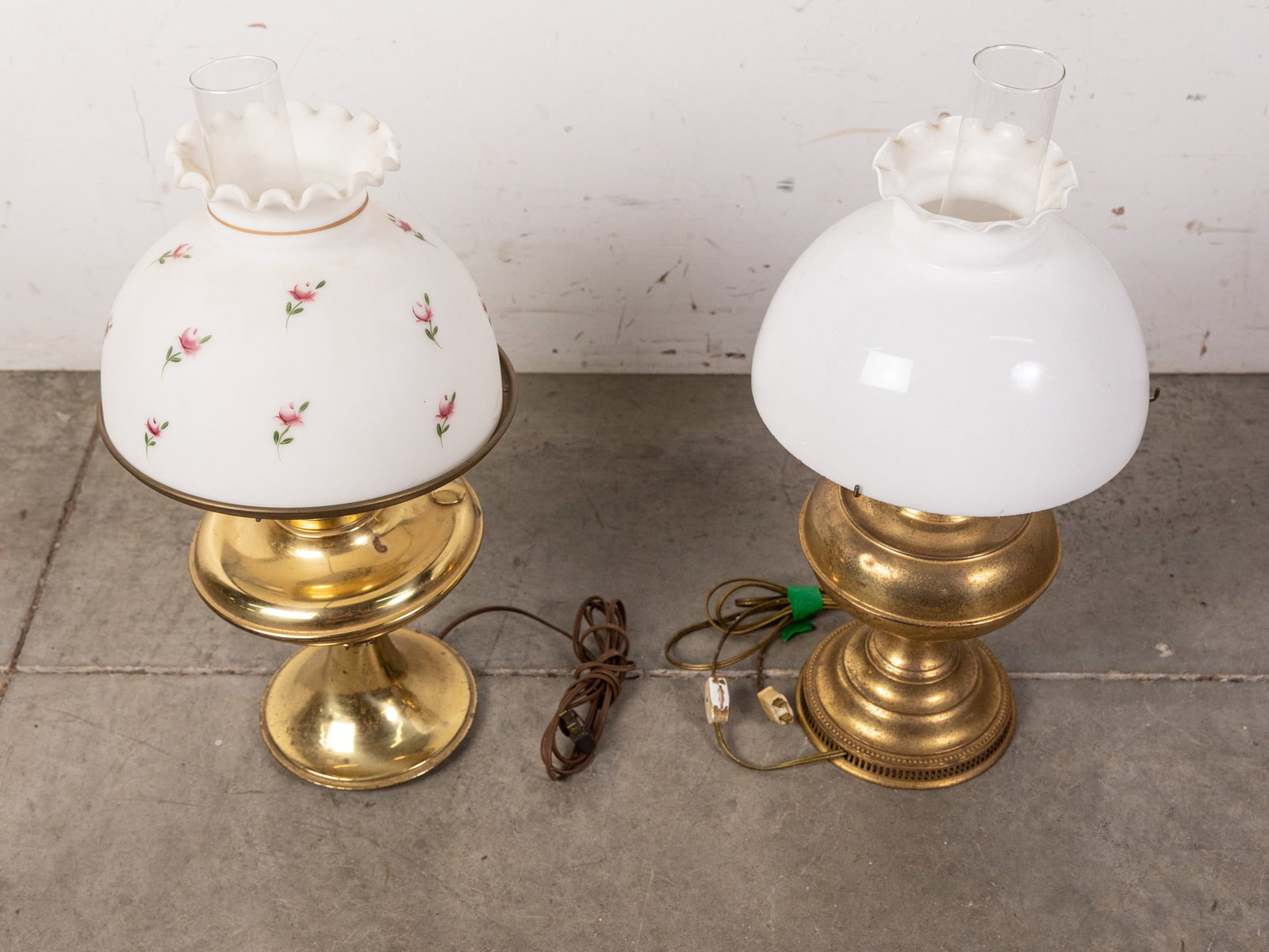 Pair of Hurricane Lamps with White Ruffled Glass Shades - 2