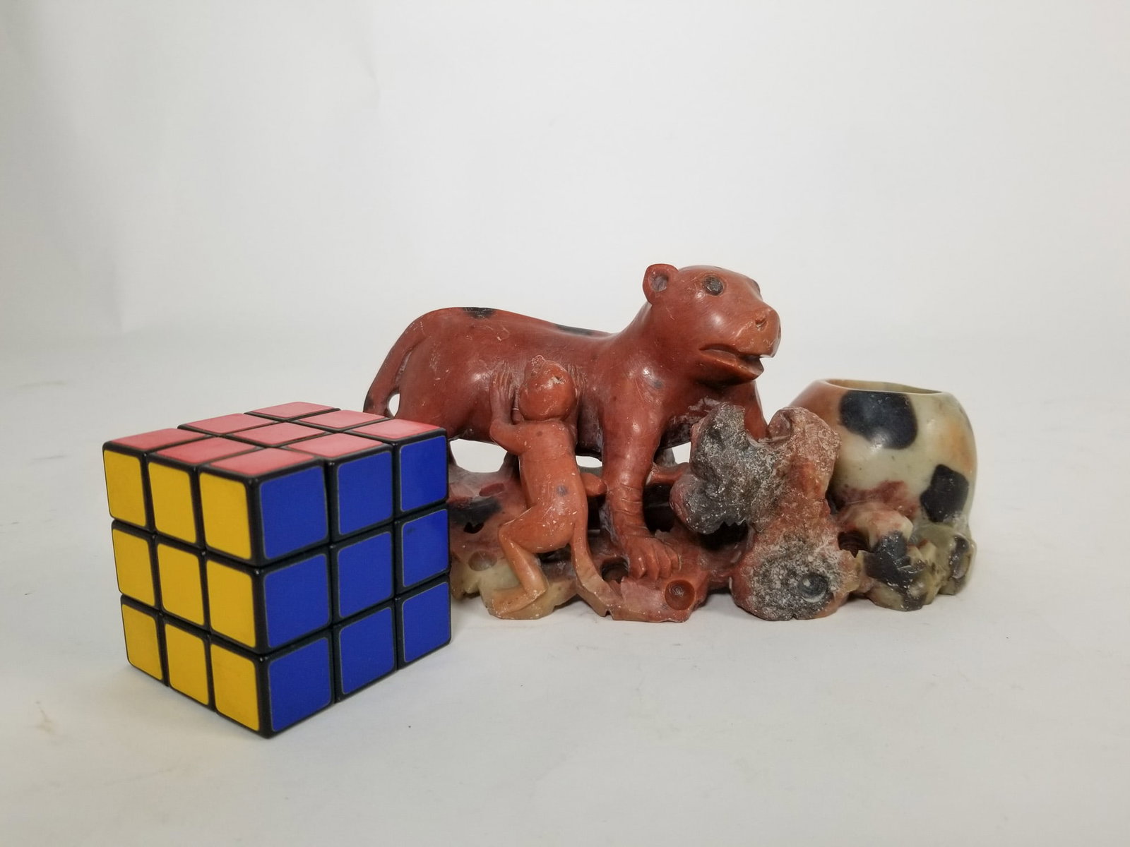 Carved Red Soapstone Lion & Monkey Sculpture - 2