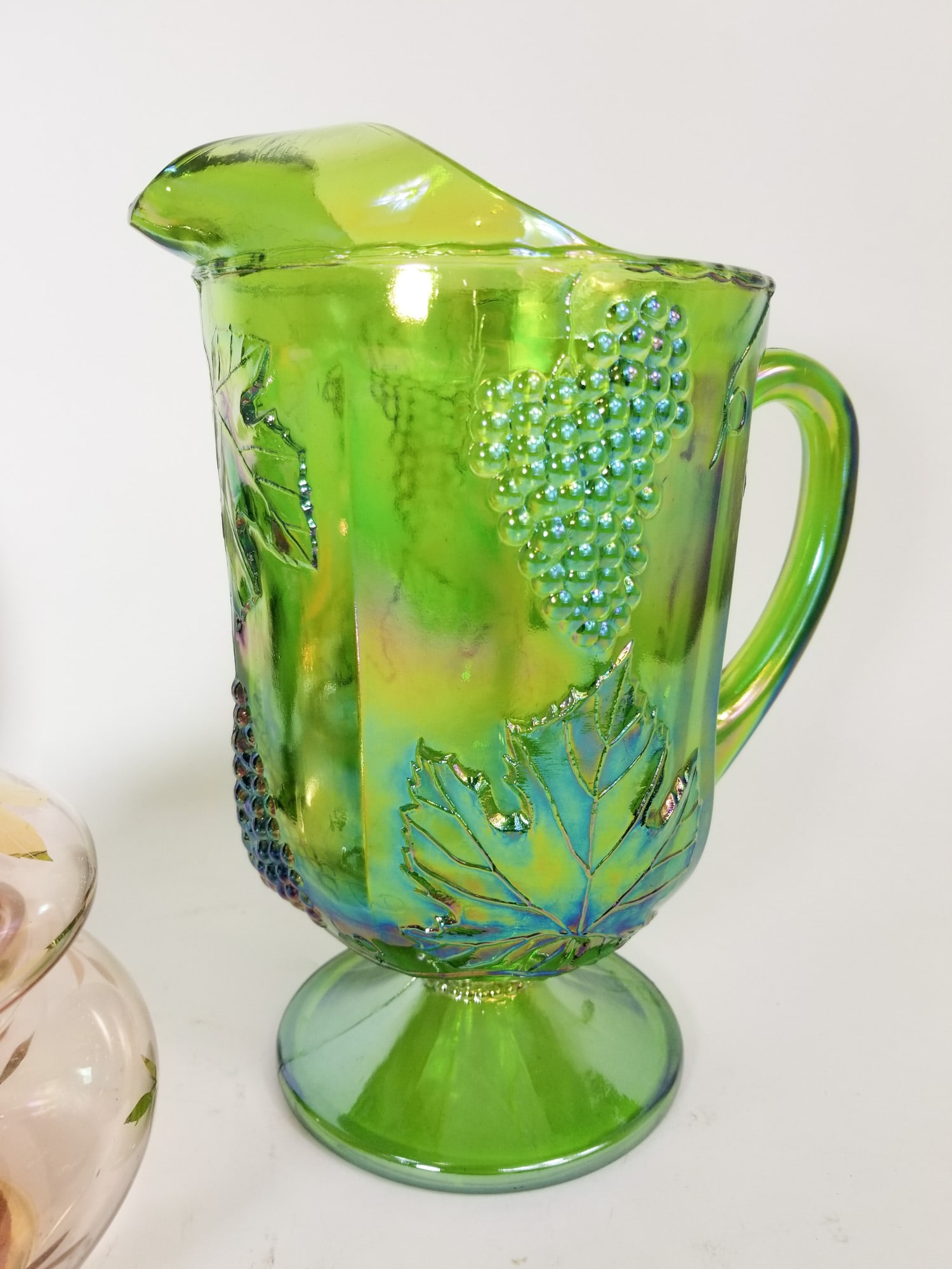 Assortment of Glassware ft. Indiana Glass Green Carnival Glass Harvest Grape Pitcher - 5