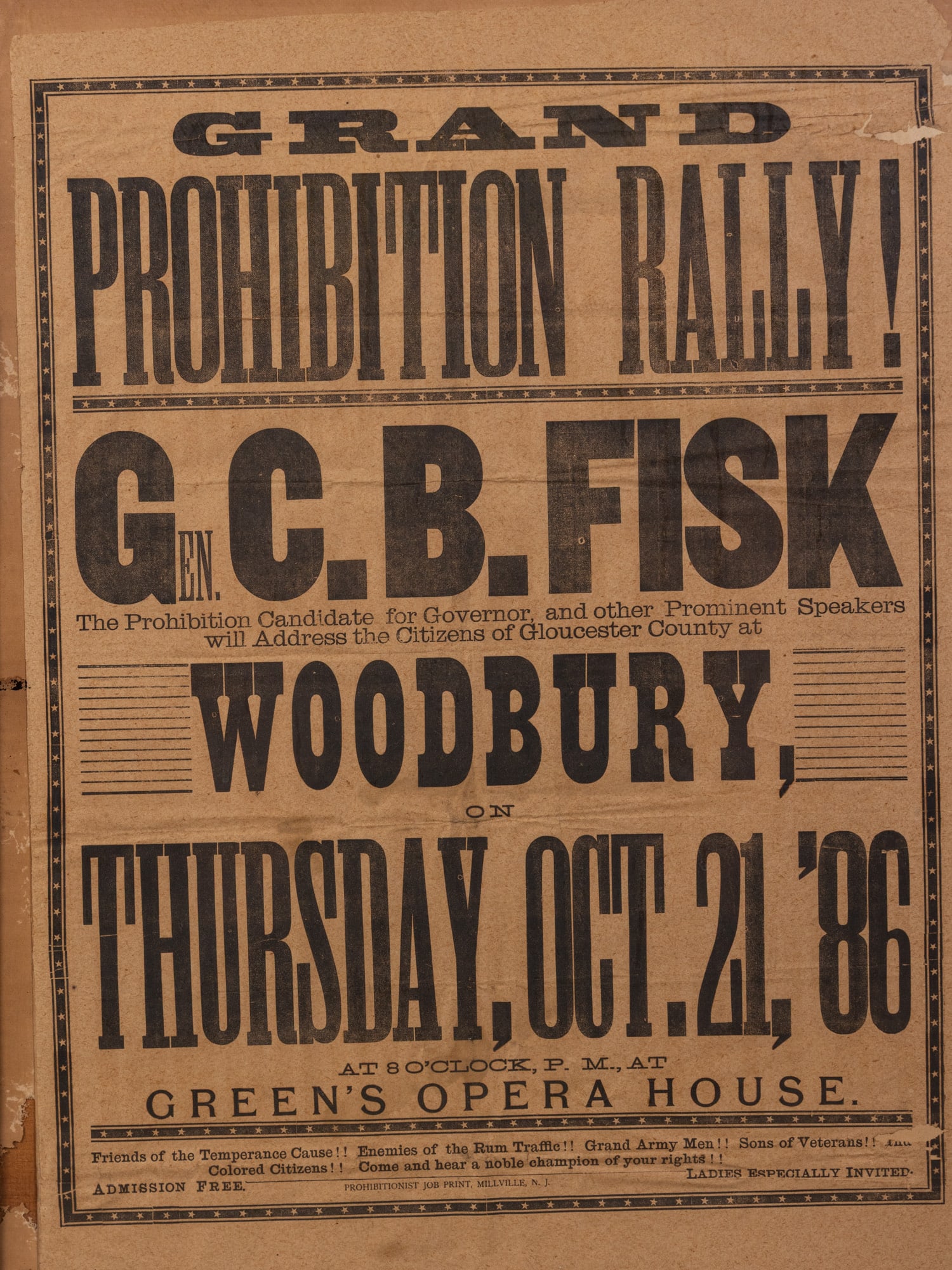 1886 “Grand Prohibition Rally” Poster — Woodbury, NJ, G.C.B. Fisk - 2