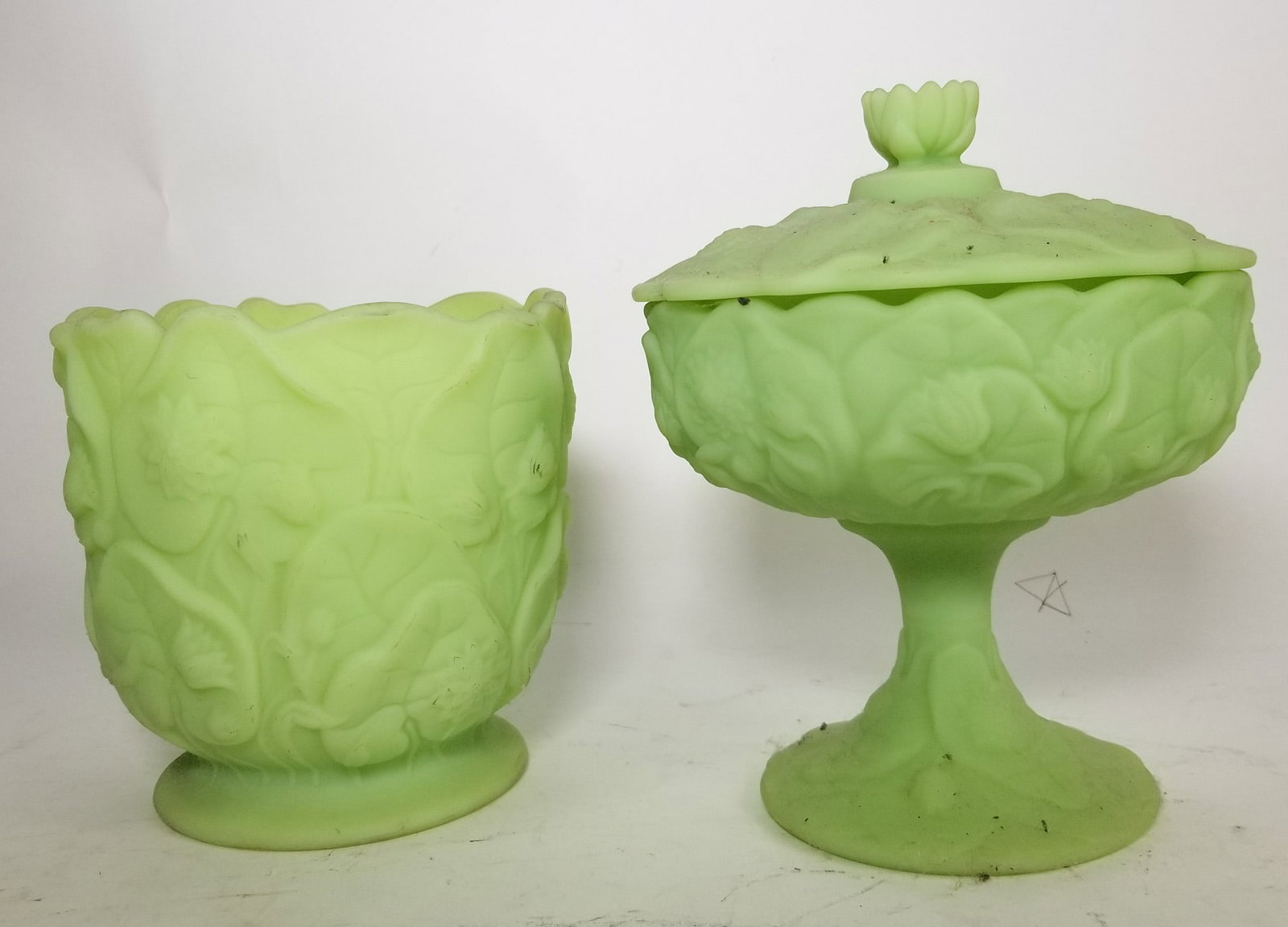 Two Pieces of Fenton "Lily" Uranium Satin Custard Glass (1 of 3)