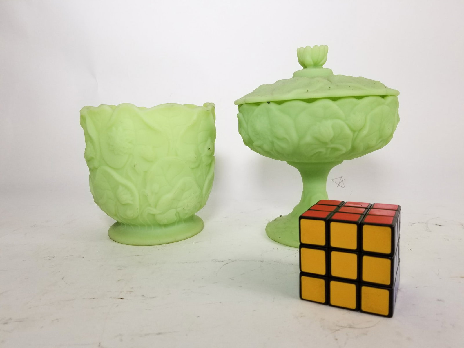 Two Pieces of Fenton "Lily" Uranium Satin Custard Glass - 2