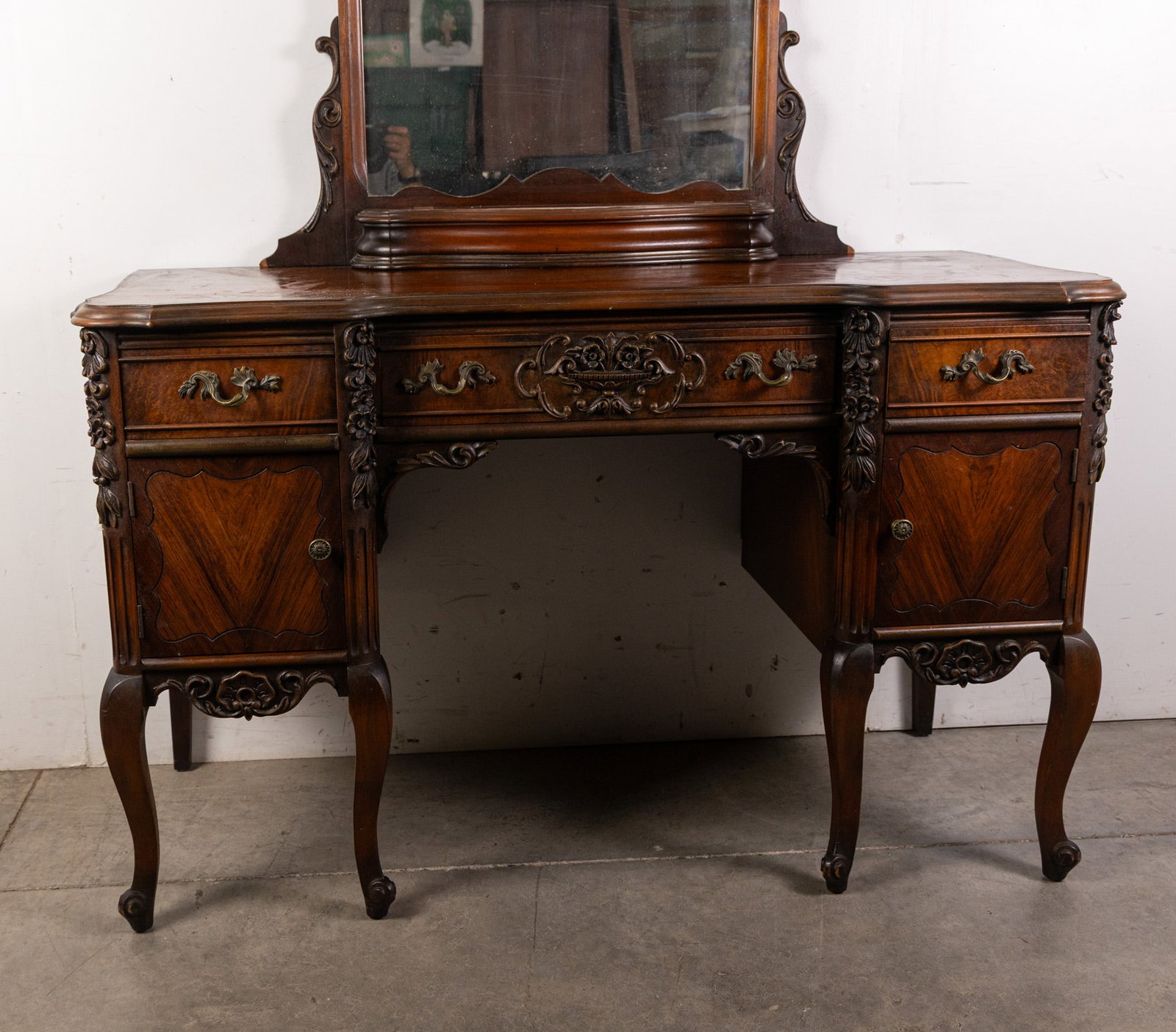 Antique Intricately Carved Desk/Vanity with Mirror - 2