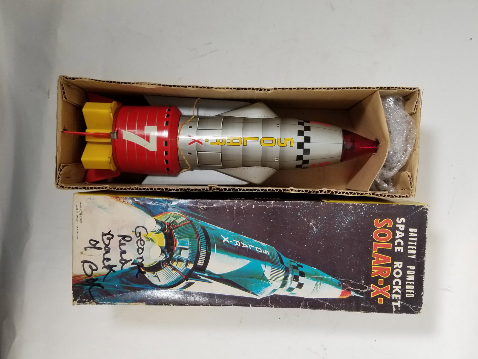 Battery Powered Solar-X Space Rocket: Battery Powered Solar-X Space Rocket Size 6" x 16" x 6" Literature Brooks Auction – Online Auction Terms & Conditions Contact: (856) 694-2960 | info@brooks.auction READ BEFORE YOU BID: We want