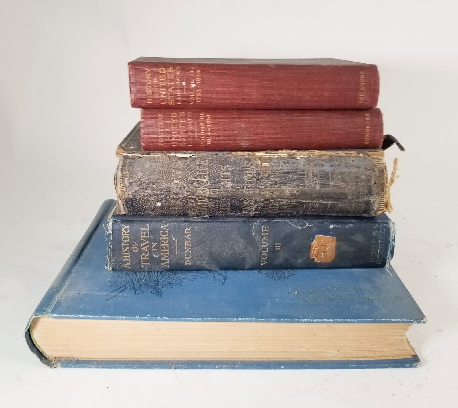 Assortment of Vintage Books: Five (5) Books: "Shepp's World's Fair Photographed" - "A History of Travel in America: Volume III" by Bobbs Merrill - " Lights & Shadows of New York Life" front cover detached - "History of the