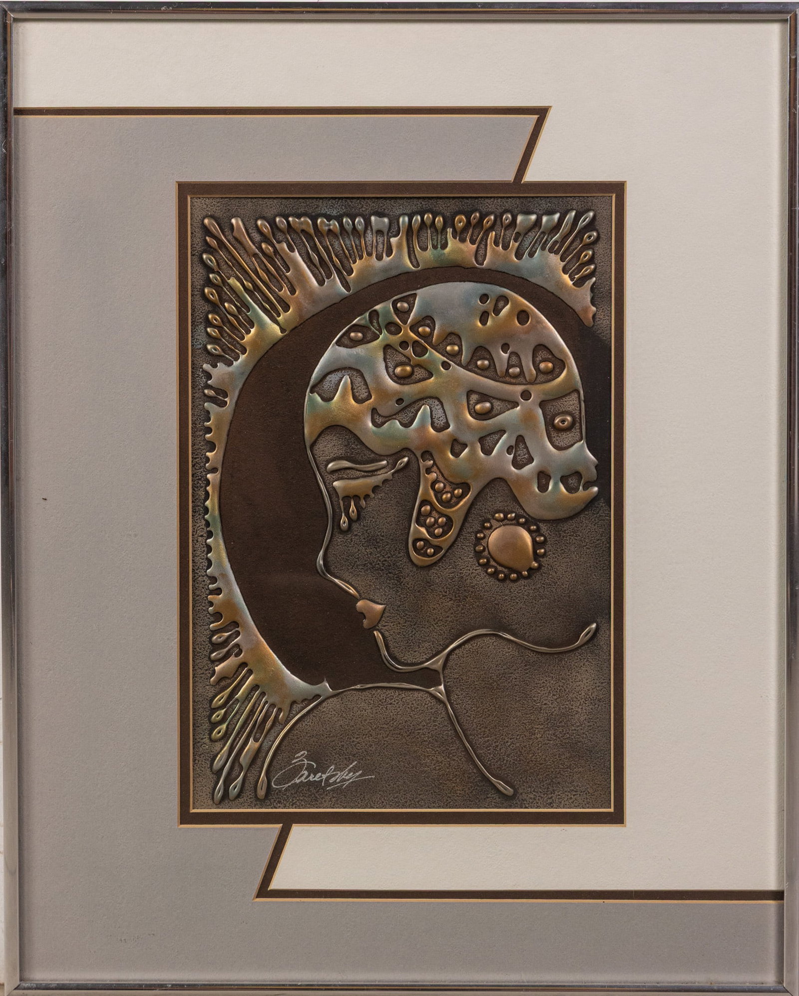 Joel Zaretsky (1938-2022) - Art Deco-Style Profile Portrait of a Woman: Rendered in vinyl copolymer and metal-pigmented paint Size 20" x 16" Literature Brooks Auction – Online Auction Terms & Conditions Contact: (856) 694-2960 | info@brooks.auction READ BEFORE YOU