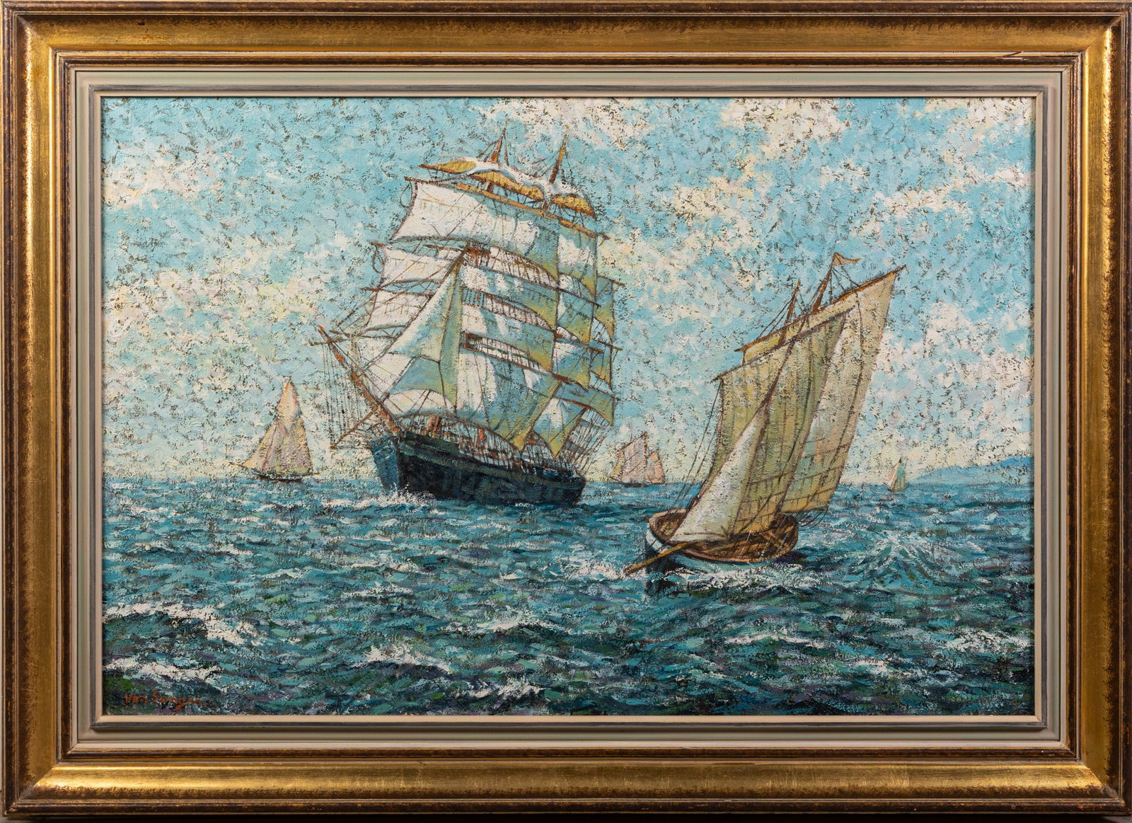 After Montague Dawson "The Homecoming by Von Songen, Impasto Oil on Canvas: After Montague Dawson "The Homecoming by Von Songen, Impasto Oil on Canvas Size 31" x 43" Literature Brooks Auction – Online Auction Terms & Conditions Contact: (856) 694-2960 |