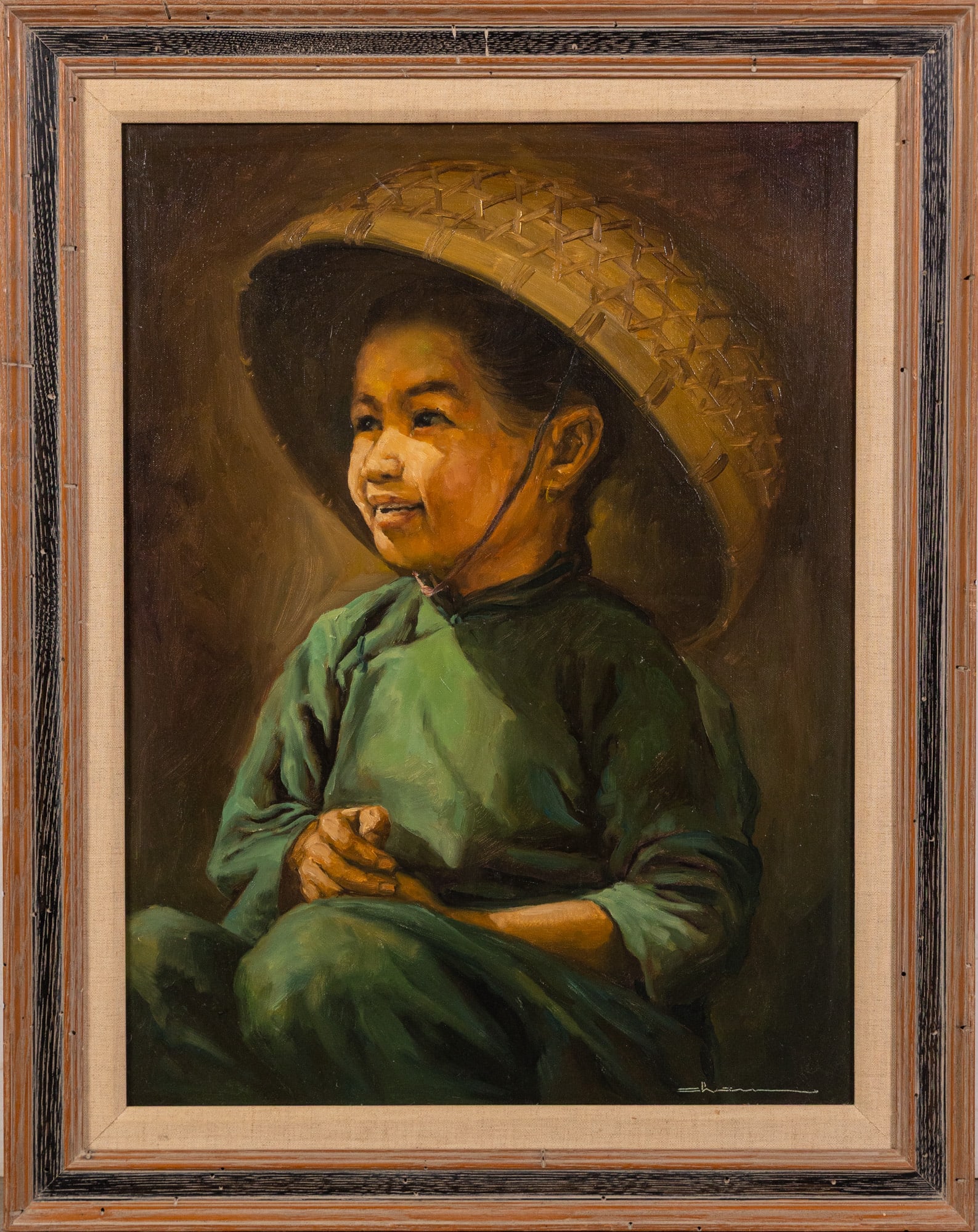 Portrait of Young Asian Child in Woven Hat, Oil on Canvas: Portrait of Young Asian Child in Woven Hat, Oil on Canvas Size 29" x 23" Literature Brooks Auction – Online Auction Terms & Conditions Contact: (856) 694-2960 | info@brooks.auction READ BEFORE