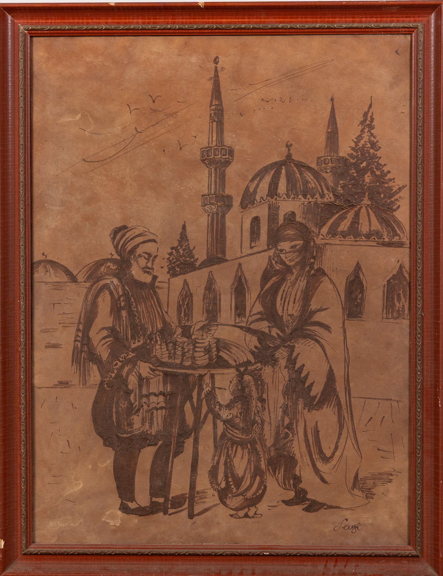 Vintage Leather Pyrography of 20th c. Orientalist Scene: Vintage Leather Pyrography of 20th c. Orientalist Scene Size 26" x 20" Literature Brooks Auction – Online Auction Terms & Conditions Contact: (856) 694-2960 | info@brooks.auction READ BEFORE