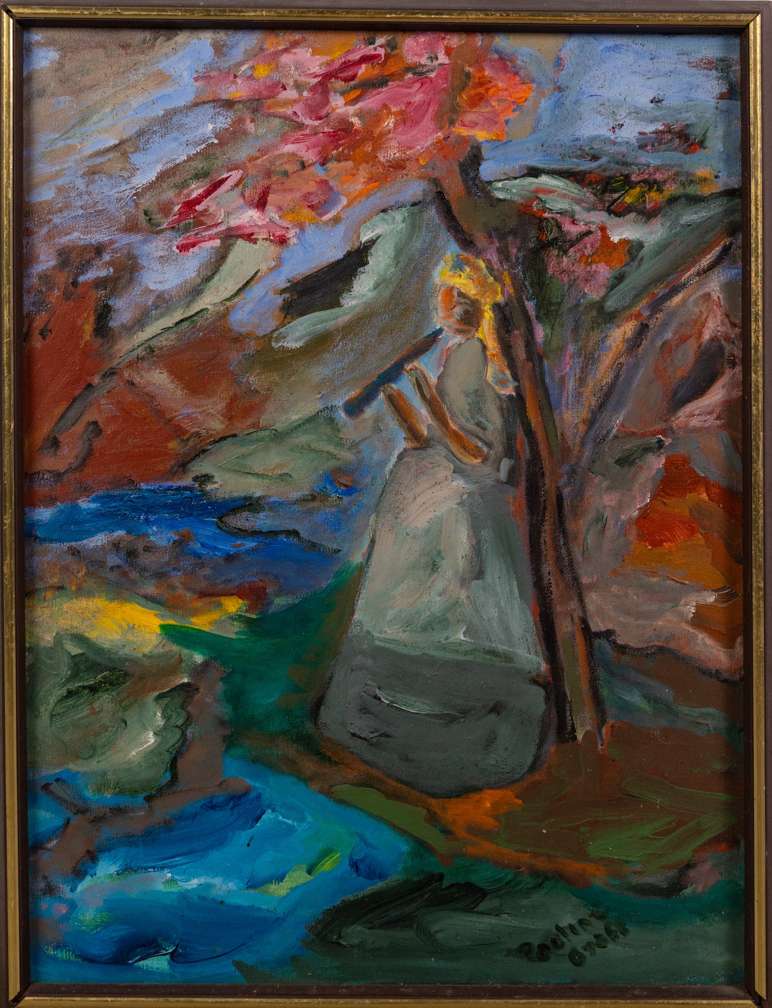 Expressionist Figure Leaning Against a Tree Playing Flute, Oil on Canvas: Expressionist Figure Leaning Against a Tree Playing Flute, Oil on Canvas Size 25" x 19" Literature Brooks Auction – Online Auction Terms & Conditions Contact: (856) 694-2960 | info@brooks.aucti