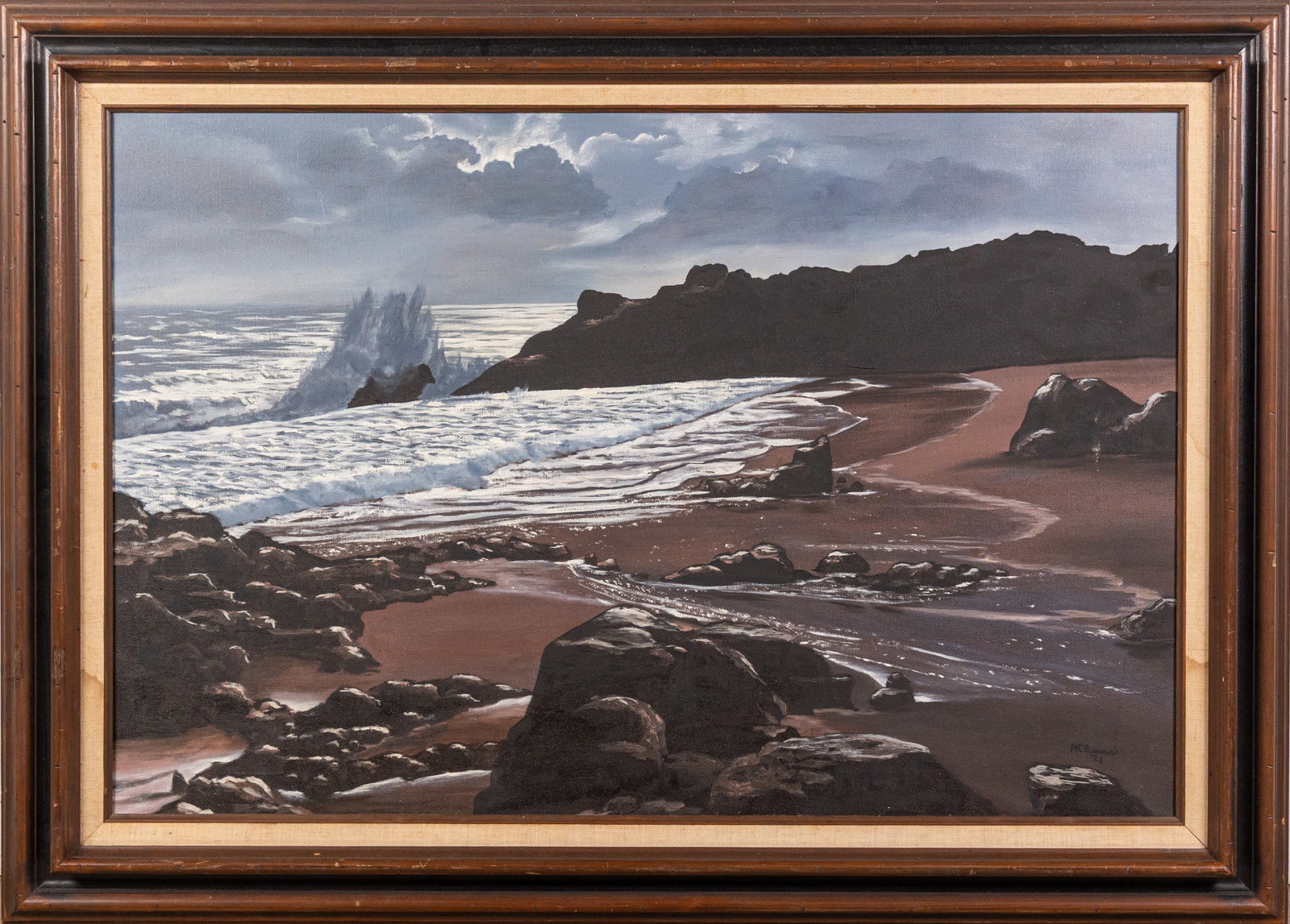 Dramatic Rocky Coastline with Crashing Waves, Oil on Canvas: Dramatic Rocky Coastline with Crashing Waves, Oil on Canvas Size 31" x 43" Literature Brooks Auction – Online Auction Terms & Conditions Contact: (856) 694-2960 | info@brooks.auction READ