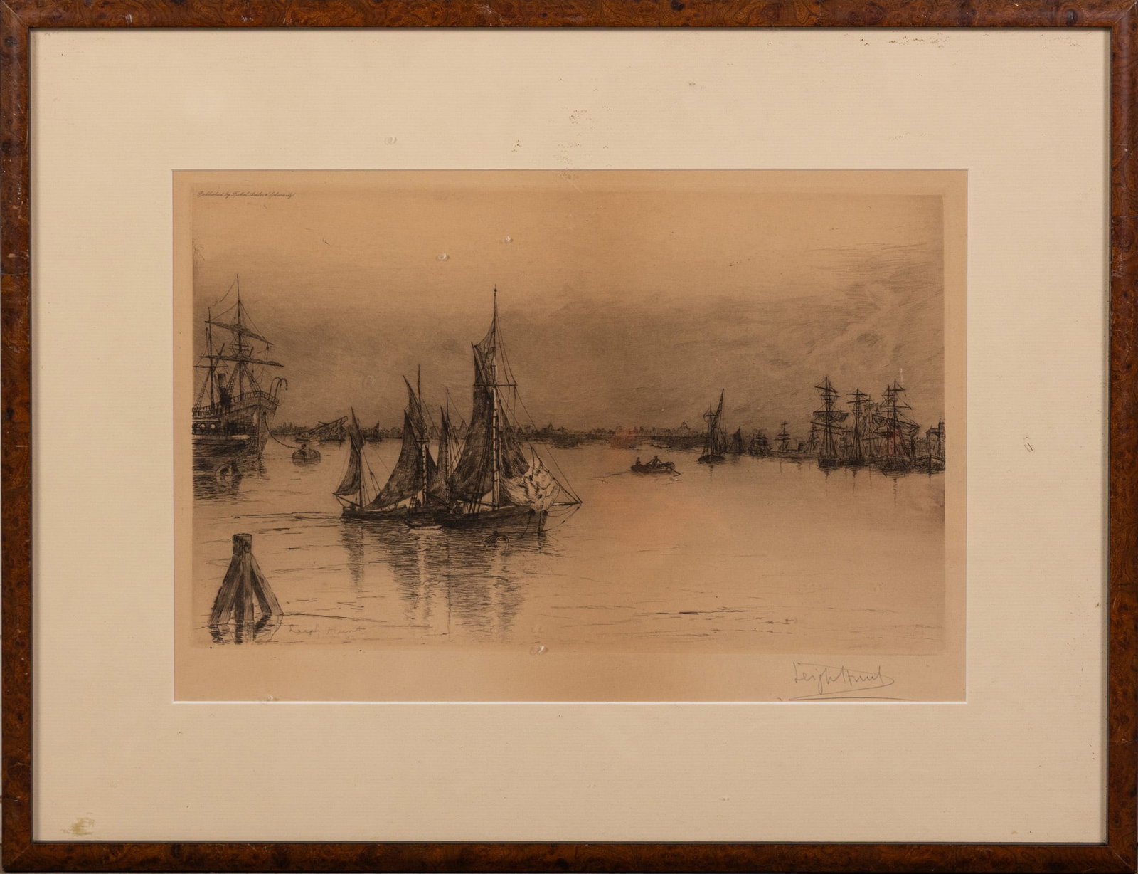 Leigh Harrison Hunt (American, 1858-1937) - "Boats in Harbour Nautical Scene", Etching: Hand signed in pencil Size 18" x 23" Literature Brooks Auction – Online Auction Terms & Conditions Contact: (856) 694-2960 | info@brooks.auction READ BEFORE YOU BID: We want you to feel