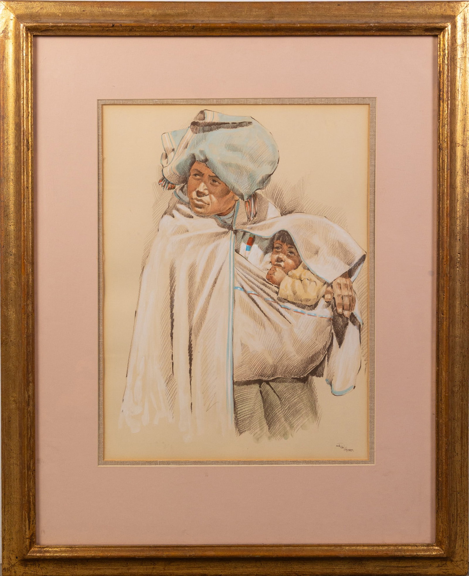 Mixed-Media Drawing of Indigenous Mother Carrying Child: Mixed-Media Drawing of Indigenous Mother Carrying Child Size 32" x 26" Literature Brooks Auction – Online Auction Terms & Conditions Contact: (856) 694-2960 | info@brooks.auction READ BEFORE