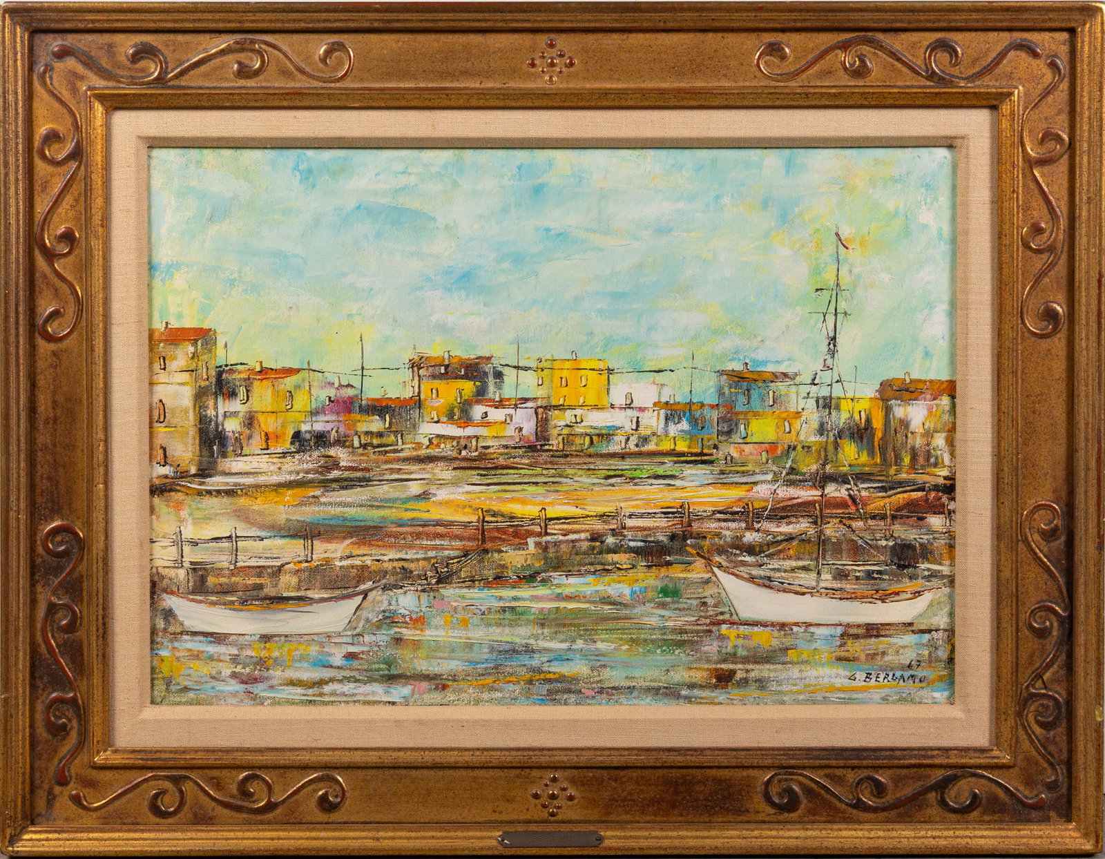G. Bergamo - c.1967 European Waterfront Village, Oil on Canvas: G. Bergamo - c.1967 European Waterfront Village, Oil on Canvas Size 20" x 26" Literature Brooks Auction – Online Auction Terms & Conditions Contact: (856) 694-2960 | info@brooks.auction READ